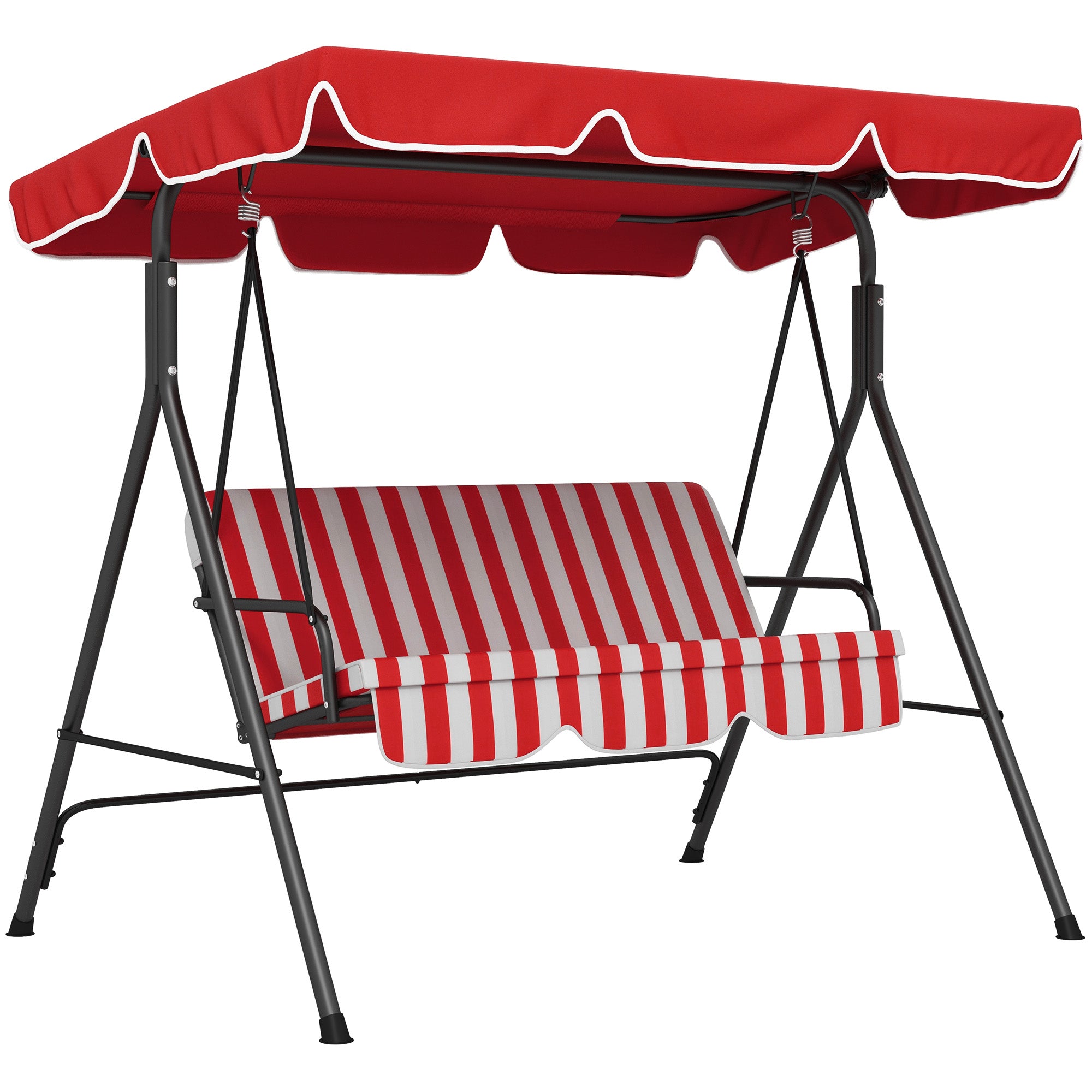 3-Seater Garden Swing with Adjustable Inclination Roof Cushions Seat and Backrest 1.72L x 1.1W x 1.53H m Black Steel Red Polyester