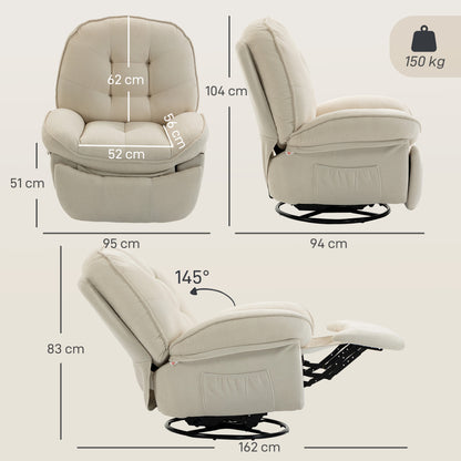 360° Swivel Recliner Chair — Manual Chenille Recliner with Footrest, High Back, Wide Seat & Side Pockets, Cream White