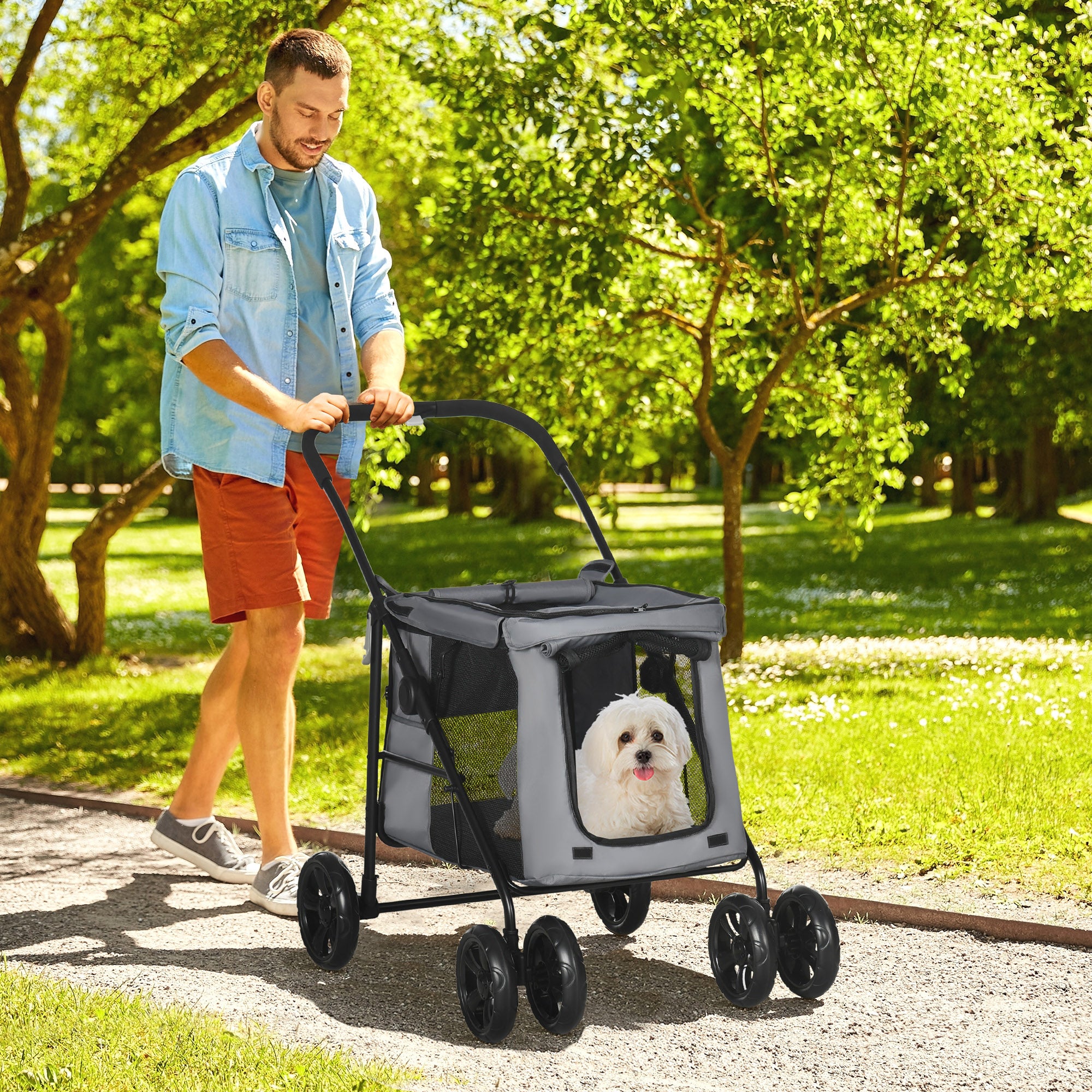 Dog Stroller, Foldable Dog Buggy, Dog Trolley with Cushion, Cat Buggy up to 20 kg, Cat Carriage for Small and Medium-Sized Dogs with Side Pockets, Mesh Window, Oxford Fabric, Gray