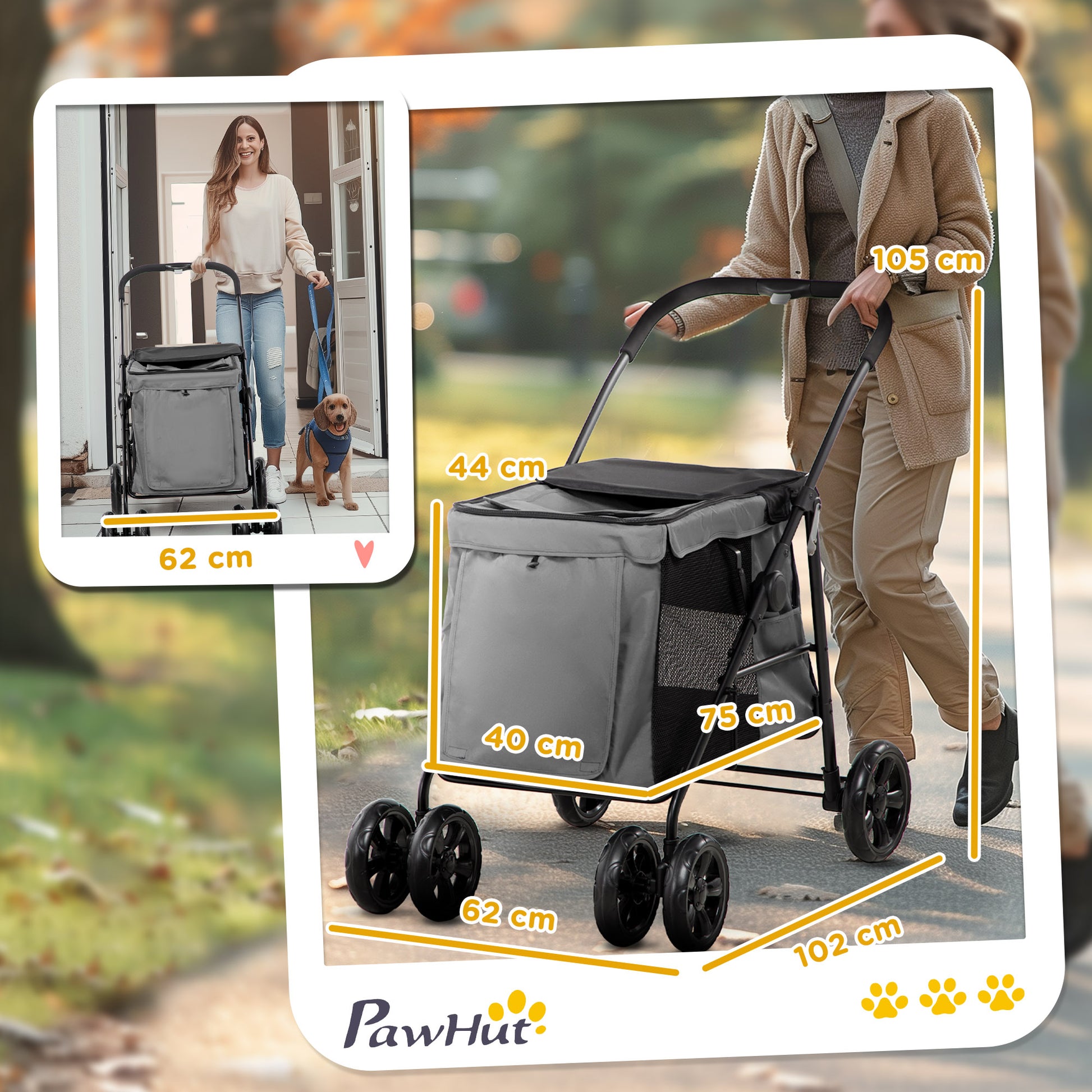 Dog Stroller, Foldable Dog Buggy, Dog Trolley with Cushion, Cat Buggy up to 20 kg, Cat Carriage for Small and Medium-Sized Dogs with Side Pockets, Mesh Window, Oxford Fabric, Gray