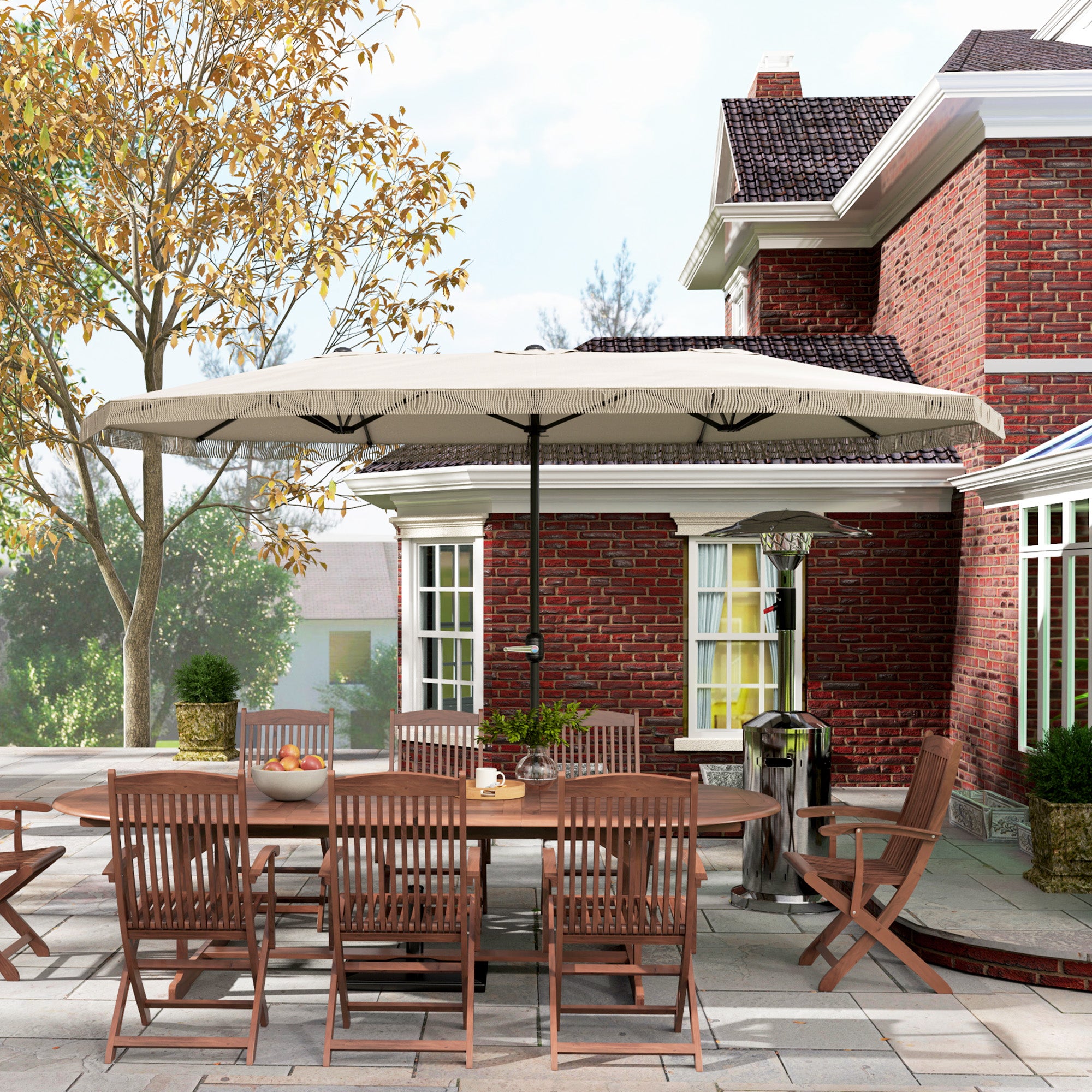 Double Umbrella 4.5x2.65 m Patio Umbrella with Manual Crank Water-Resistant and UV30+ Protection Large Umbrella for Patio Beach Pool Cream