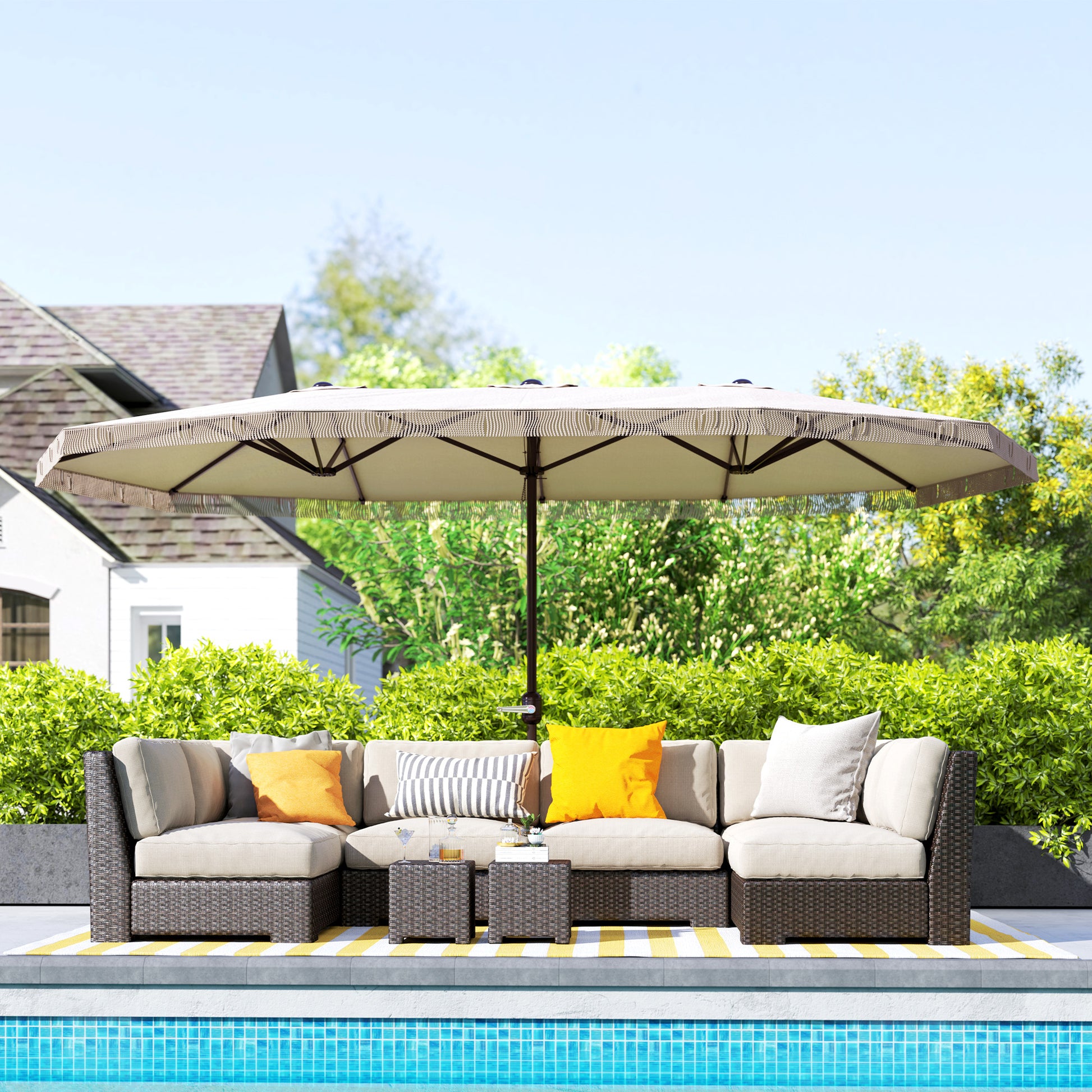 Double Umbrella 4.5x2.65 m Patio Umbrella with Manual Crank Water-Resistant and UV30+ Protection Large Umbrella for Patio Beach Pool Cream