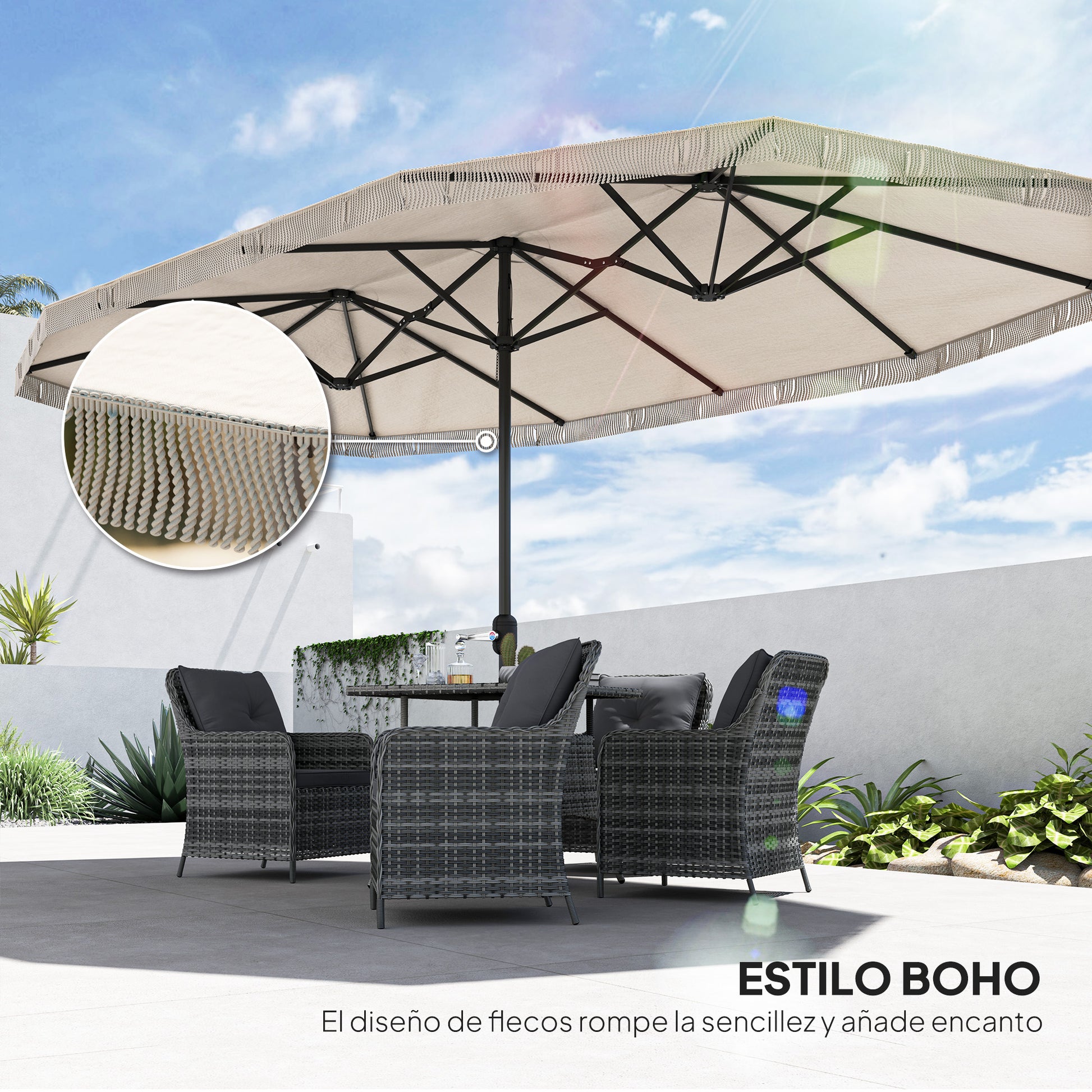 Double Umbrella 4.5x2.65 m Patio Umbrella with Manual Crank Water-Resistant and UV30+ Protection Large Umbrella for Patio Beach Pool Cream