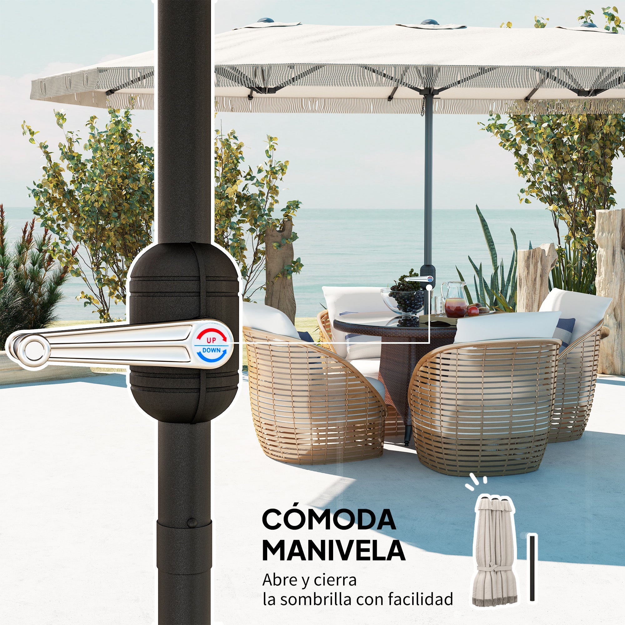 Double Umbrella 4.5x2.65 m Patio Umbrella with Manual Crank Water-Resistant and UV30+ Protection Large Umbrella for Patio Beach Pool Cream