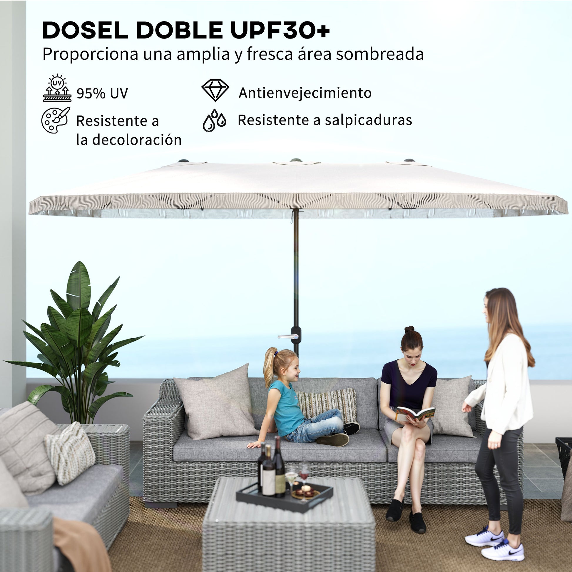 Double Umbrella 4.5x2.65 m Patio Umbrella with Manual Crank Water-Resistant and UV30+ Protection Large Umbrella for Patio Beach Pool Cream