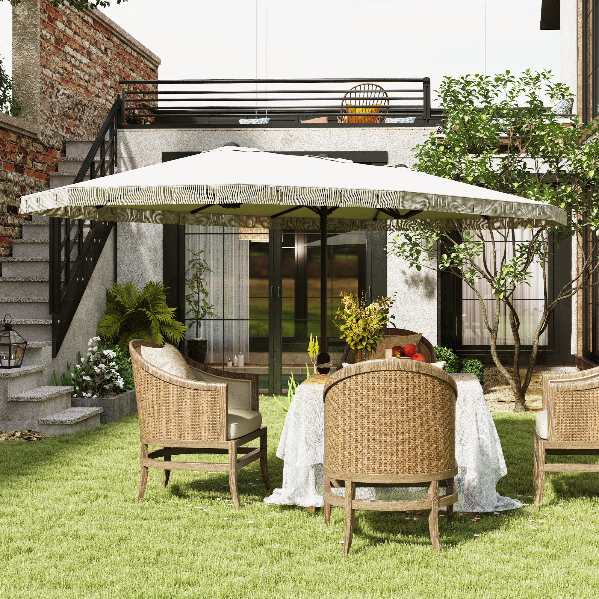 Double Umbrella 4.5x2.65 m Patio Umbrella with Manual Crank Water-Resistant and UV30+ Protection Large Umbrella for Patio Beach Pool Cream