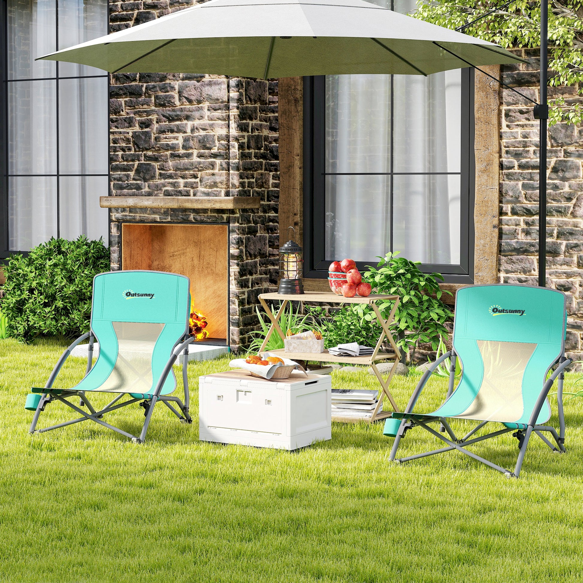 Pack of 2 Lightweight Folding Beach Chairs Portable Low Camping Chairs with Mesh Backrest Cup Holder Armrests and Carry Bag for Camping Garden Fishing Load 120 kg Blue