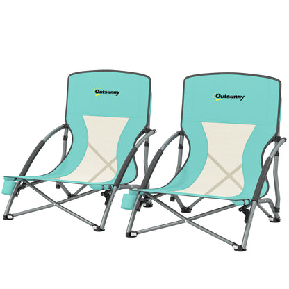 Pack of 2 Lightweight Folding Beach Chairs Portable Low Camping Chairs with Mesh Backrest Cup Holder Armrests and Carry Bag for Camping Garden Fishing Load 120 kg Blue