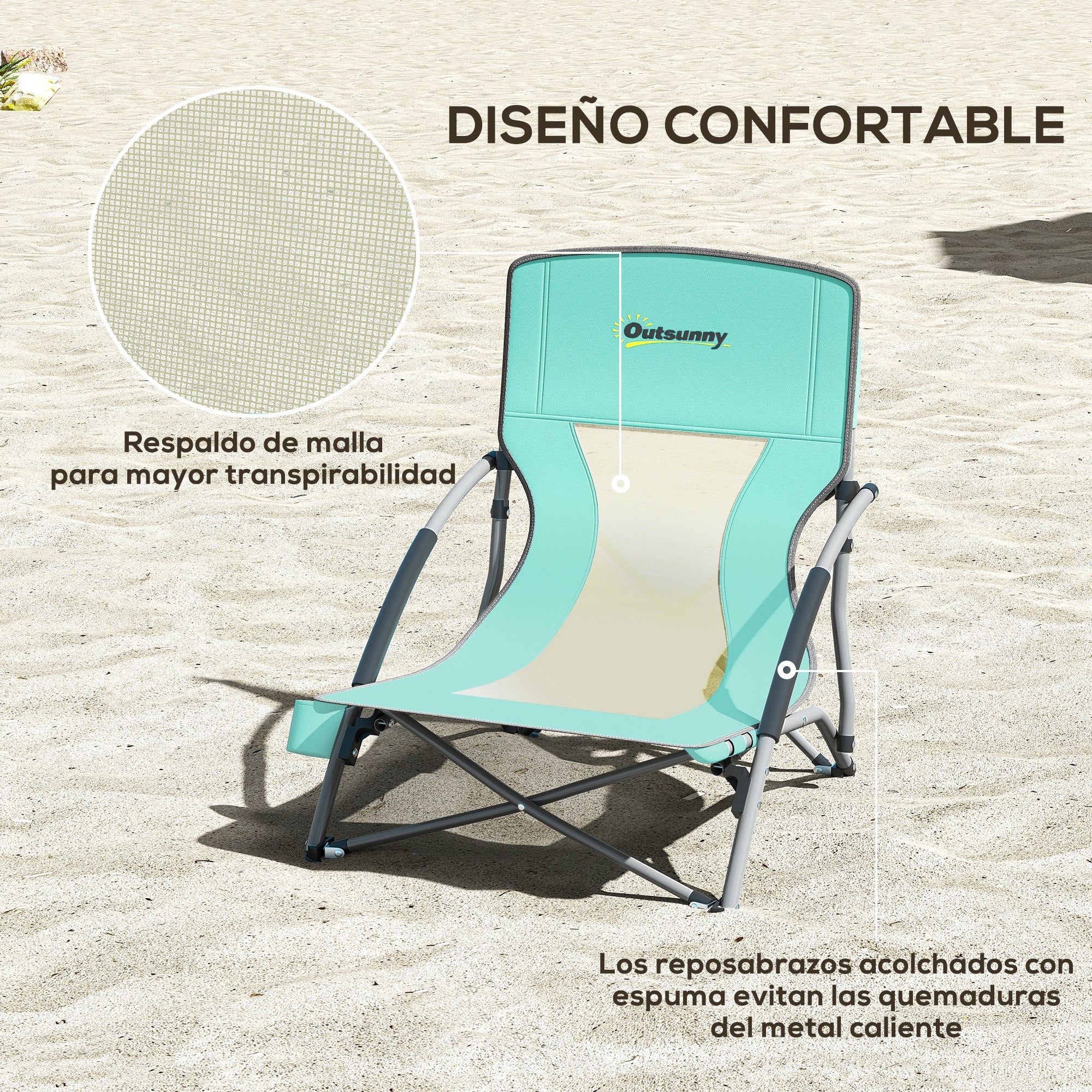 Pack of 2 Lightweight Folding Beach Chairs Portable Low Camping Chairs with Mesh Backrest Cup Holder Armrests and Carry Bag for Camping Garden Fishing Load 120 kg Blue