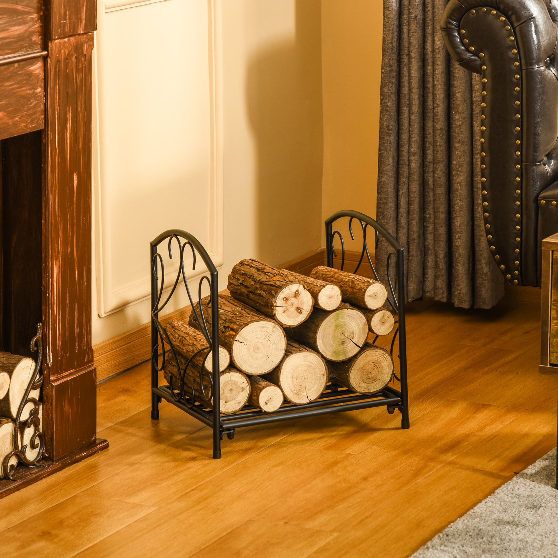 Indoor and Outdoor Metal Log Holder with Raised Base for 50kg of Logs, 39.5x31.5x39.5cm, Black