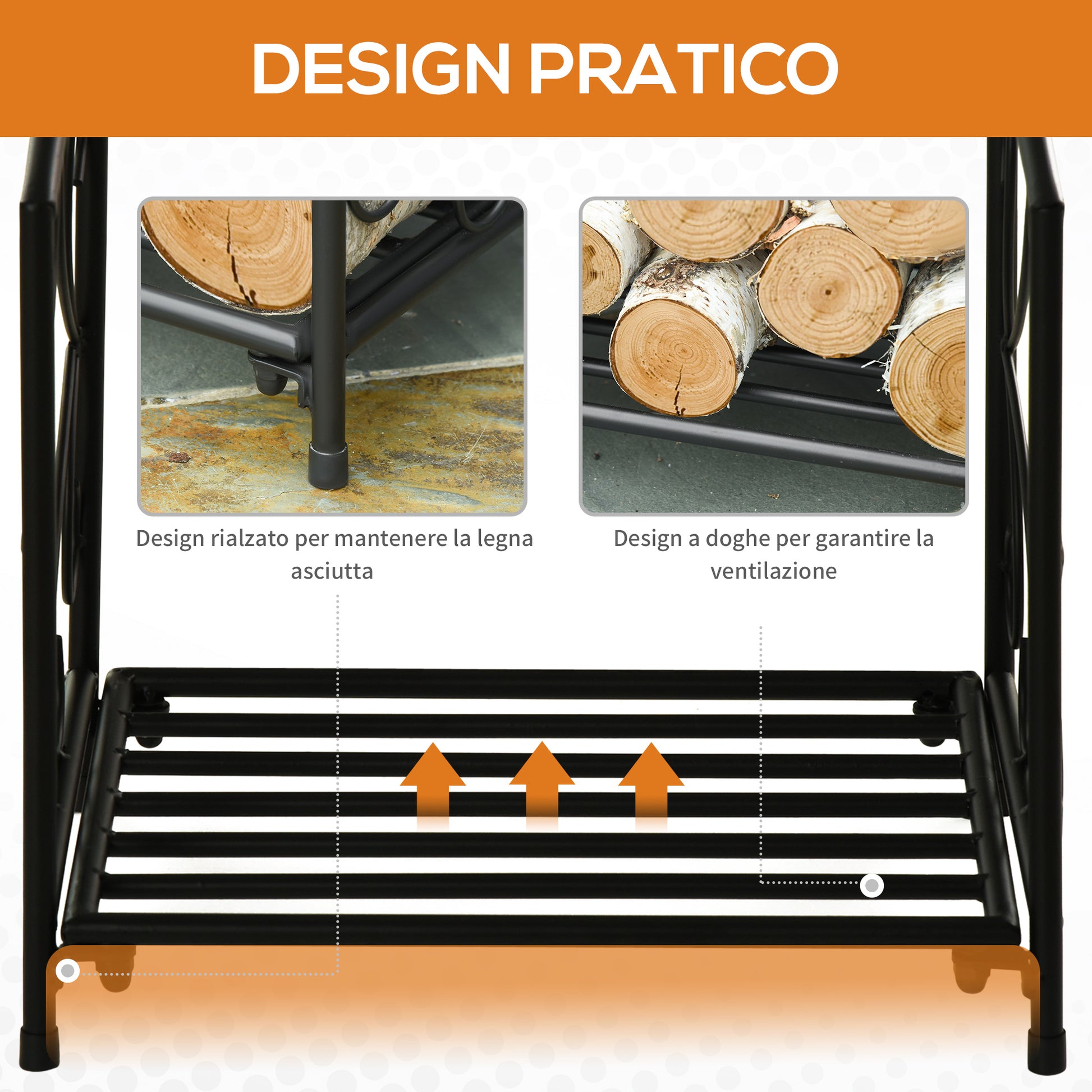 Indoor and Outdoor Metal Log Holder with Raised Base for 50kg of Logs, 39.5x31.5x39.5cm, Black