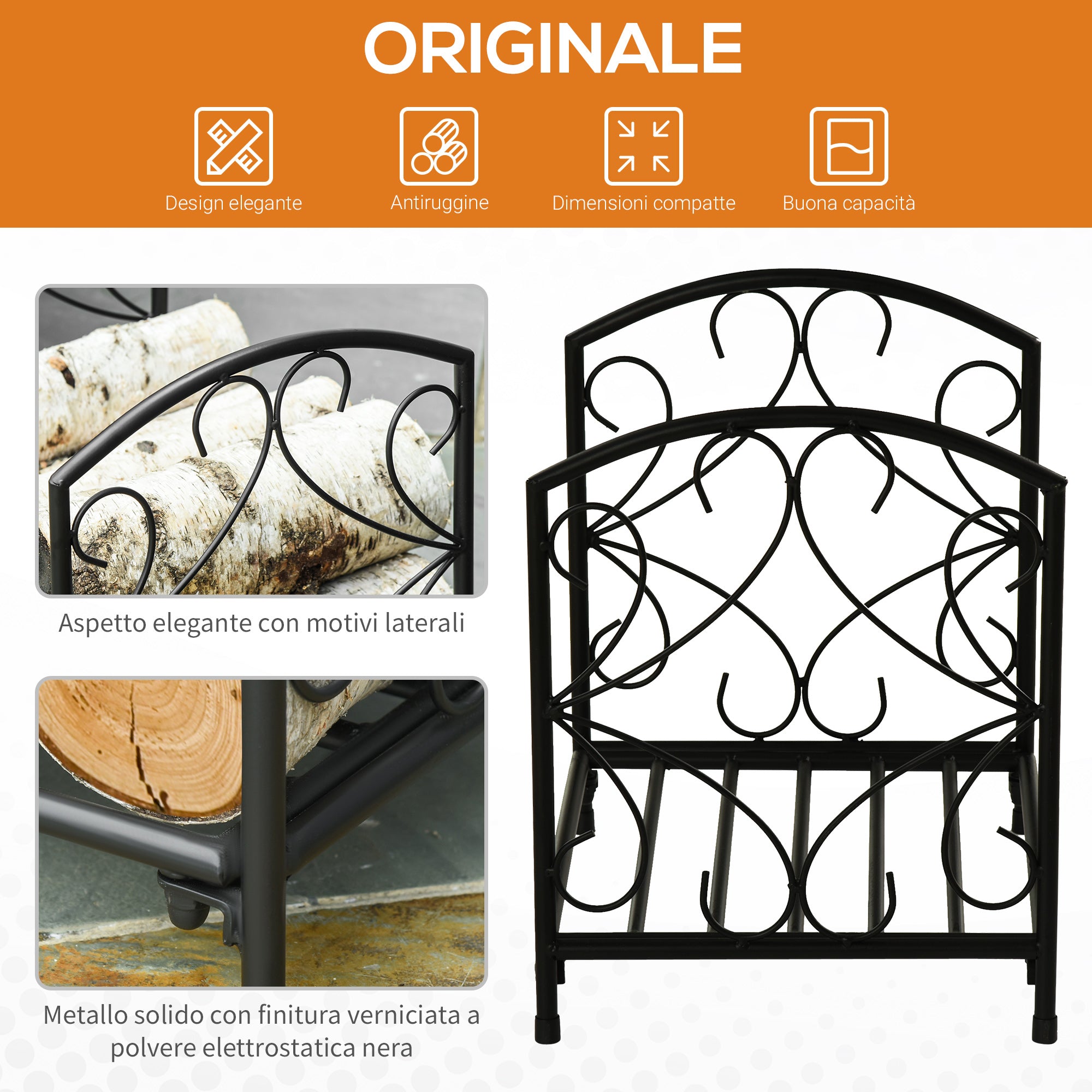 Indoor and Outdoor Metal Log Holder with Raised Base for 50kg of Logs, 39.5x31.5x39.5cm, Black