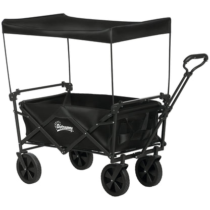 Folding Wagon with Sun Canopy, Handle, Carry Bag, up to 100 kg Load Capacity, Oxford, Black