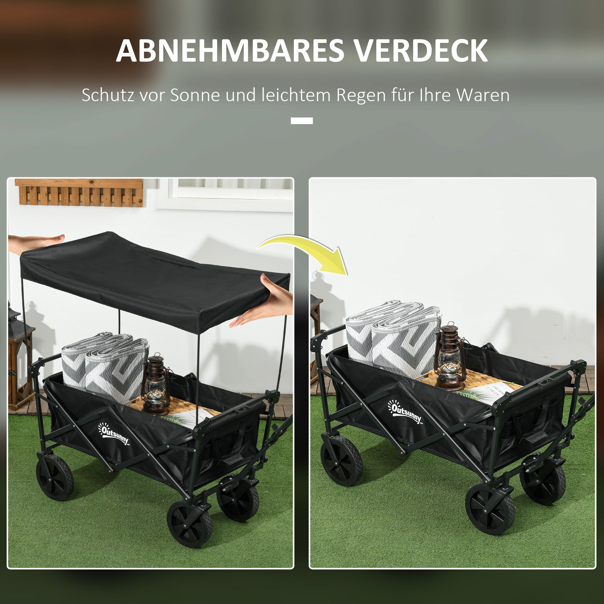 Folding Wagon with Sun Canopy, Handle, Carry Bag, up to 100 kg Load Capacity, Oxford, Black