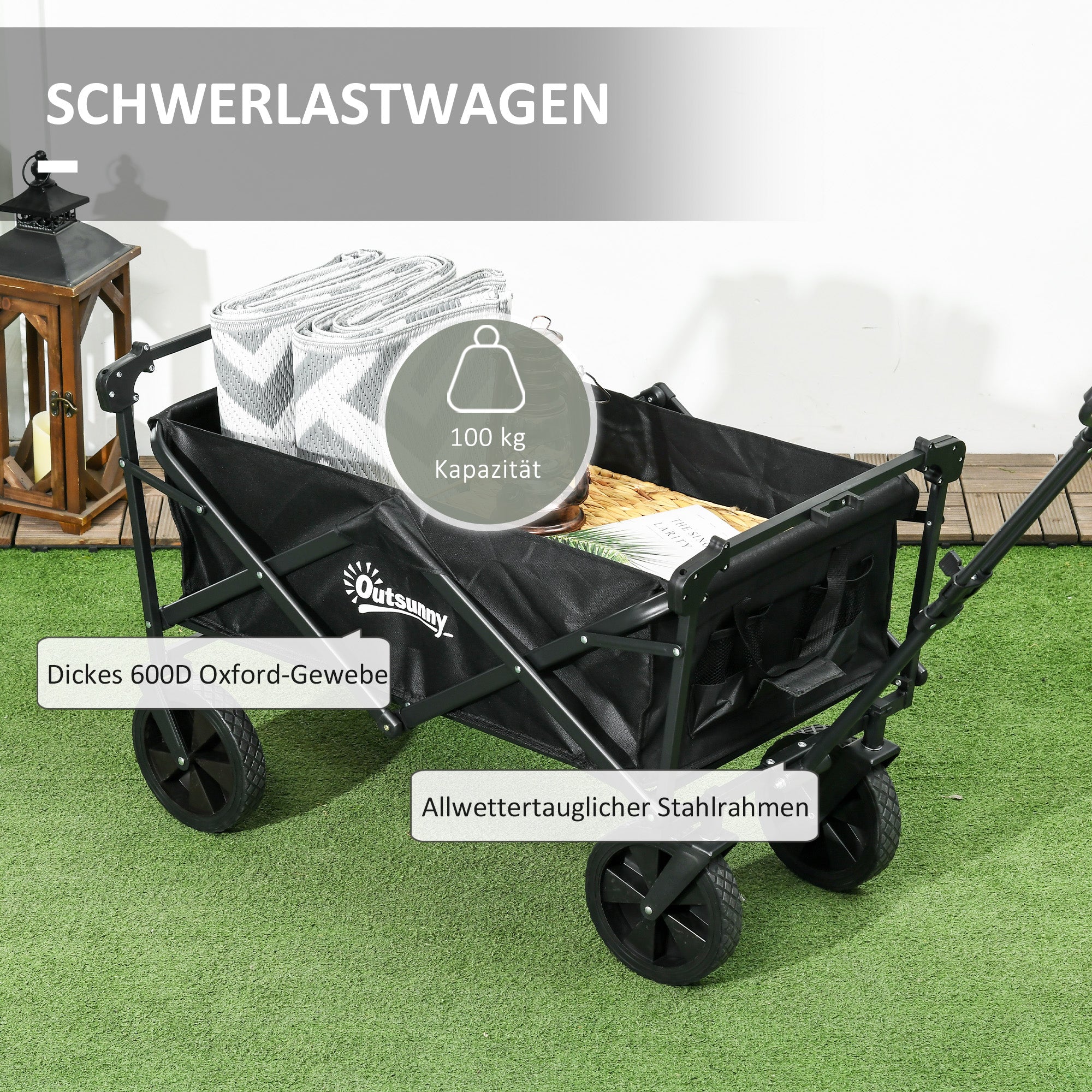 Folding Wagon with Sun Canopy, Handle, Carry Bag, up to 100 kg Load Capacity, Oxford, Black