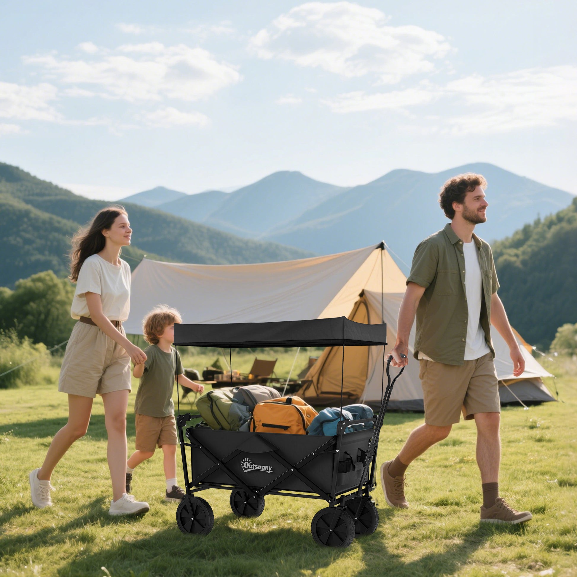 Folding Wagon with Sun Canopy, Handle, Carry Bag, up to 100 kg Load Capacity, Oxford, Black