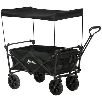 Folding Wagon with Sun Canopy, Handle, Carry Bag, up to 100 kg Load Capacity, Oxford, Black