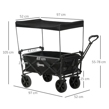 Folding Wagon with Sun Canopy, Handle, Carry Bag, up to 100 kg Load Capacity, Oxford, Black