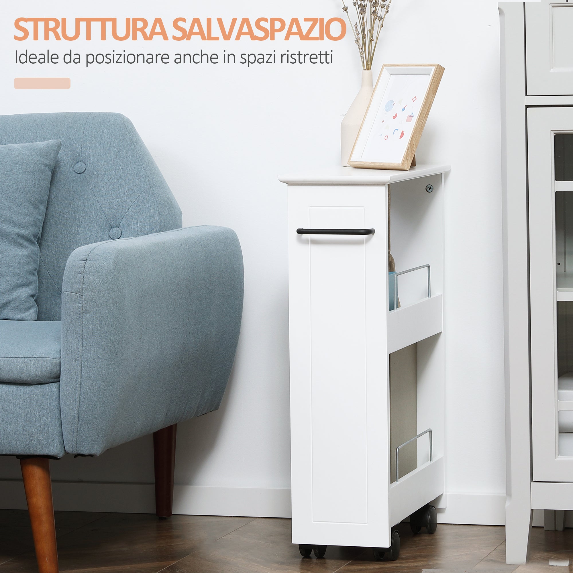 Space-Saving Kitchen Cart, Design Bathroom Cart, Multipurpose, Space-Saving, MDF Wood Shelf, Swivel Wheels and Handle, 42.5x20.3x66.7cm, White
