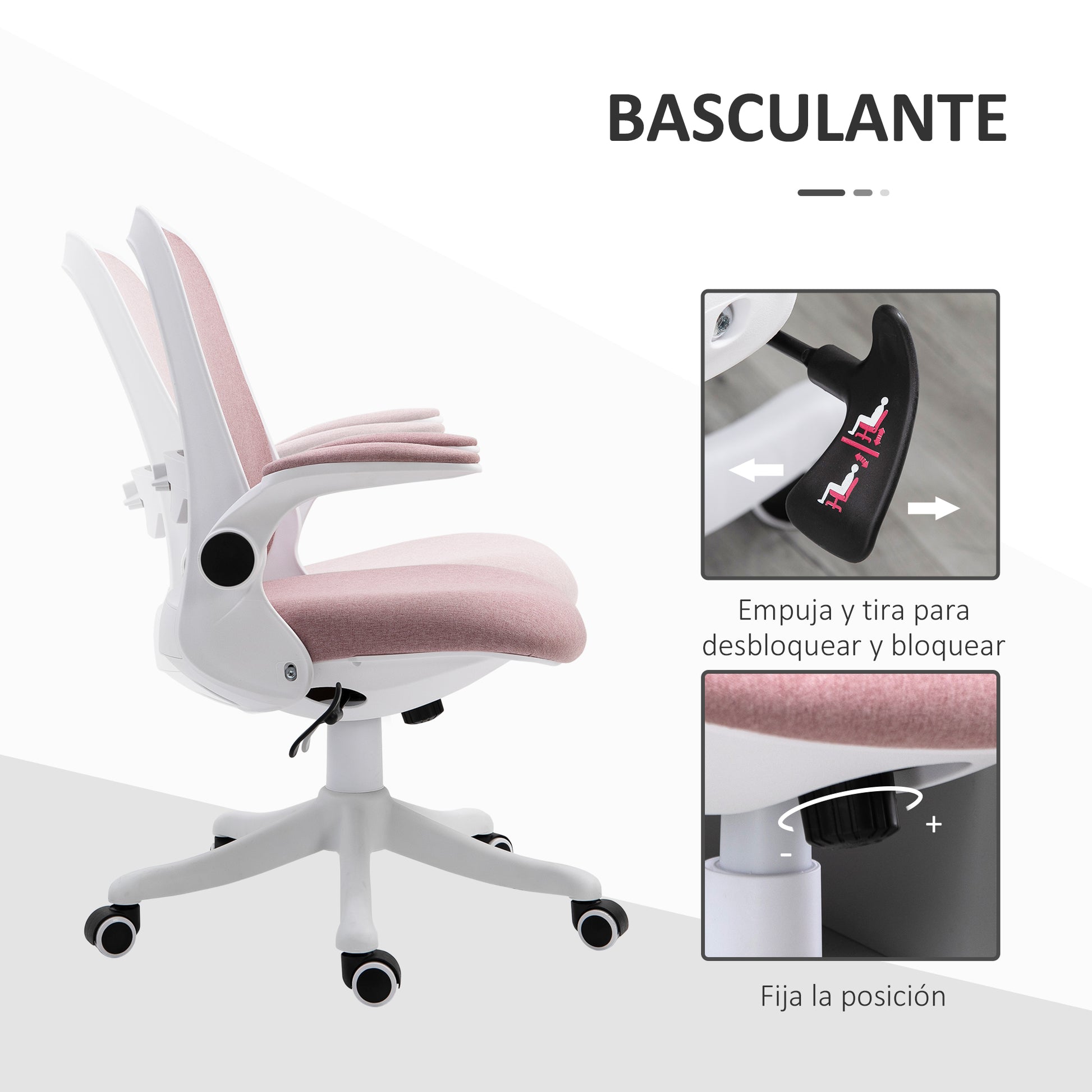 Office Swivel Chair Reclining Desk Chair Adjustable Height with Lift Armrests 120 kg Load for Office Bedroom 62.5x60x94-104 cm Pink