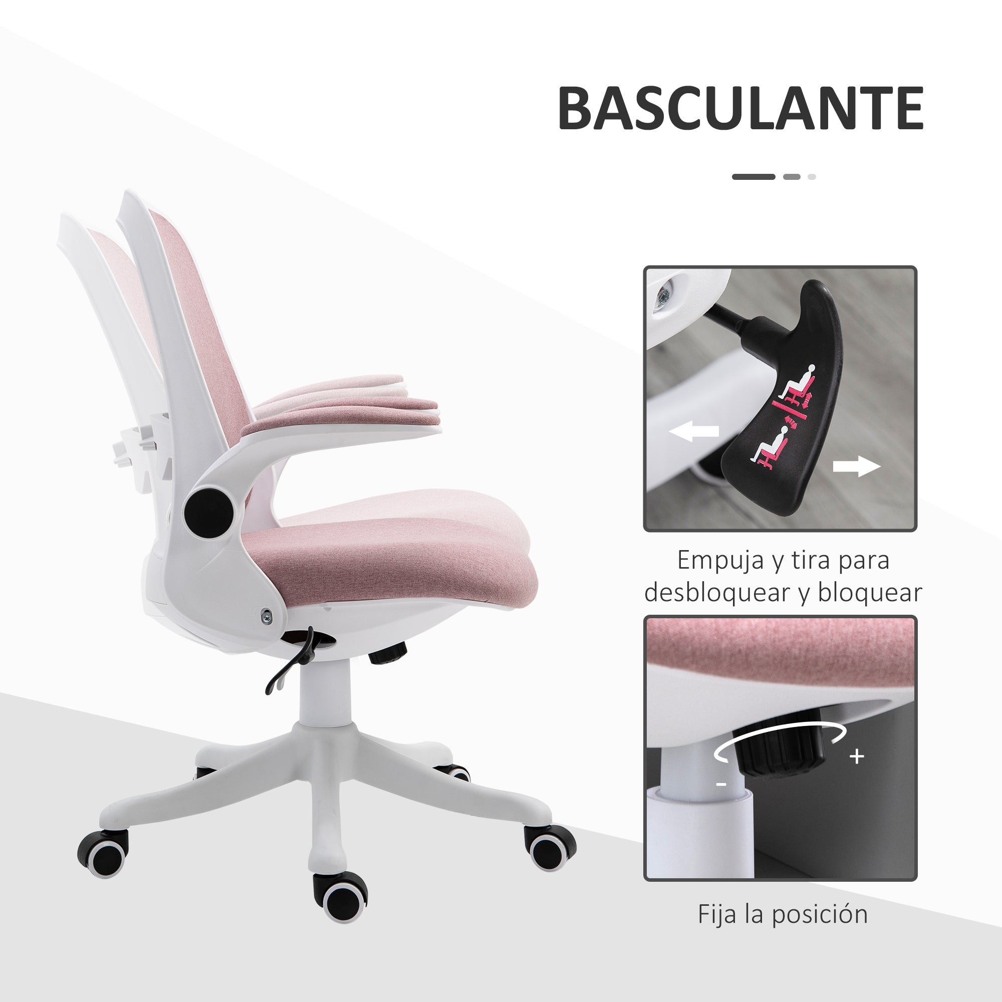 Office Swivel Chair Reclining Desk Chair Adjustable Height with Lift Armrests 120 kg Load for Office Bedroom 62.5x60x94-104 cm Pink