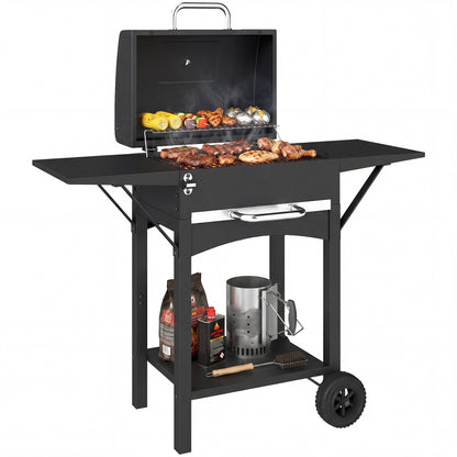 Charcoal Grill with Lid — BBQ Smoker Cart with 2 Side Tables, Large Cooking Area, Thermometer & Wheels, 43.3 x 18.3 x 39.8 in (Black)