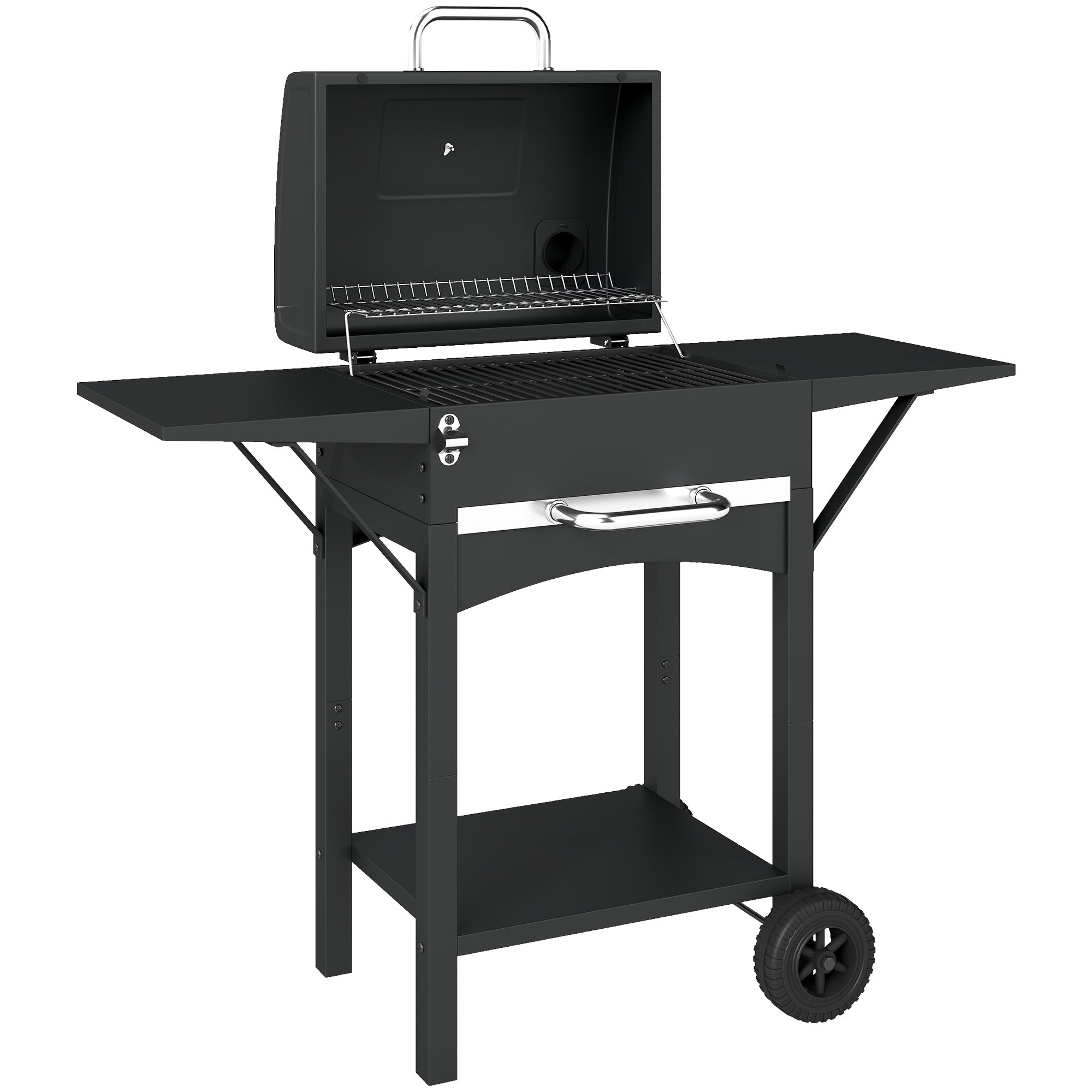 Charcoal Grill with Lid — BBQ Smoker Cart with 2 Side Tables, Large Cooking Area, Thermometer & Wheels, 43.3 x 18.3 x 39.8 in (Black)