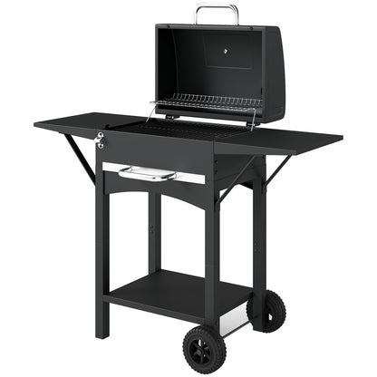 Charcoal Grill with Lid — BBQ Smoker Cart with 2 Side Tables, Large Cooking Area, Thermometer & Wheels, 43.3 x 18.3 x 39.8 in (Black)