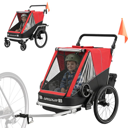 2-in-1 Bike Trailer & Stroller, 2-Seater Foldable Child Bike Trailer with 5-Point Harness and Safety Flag — for Children from 12 Months, Max 18 kg (39.7 lb)