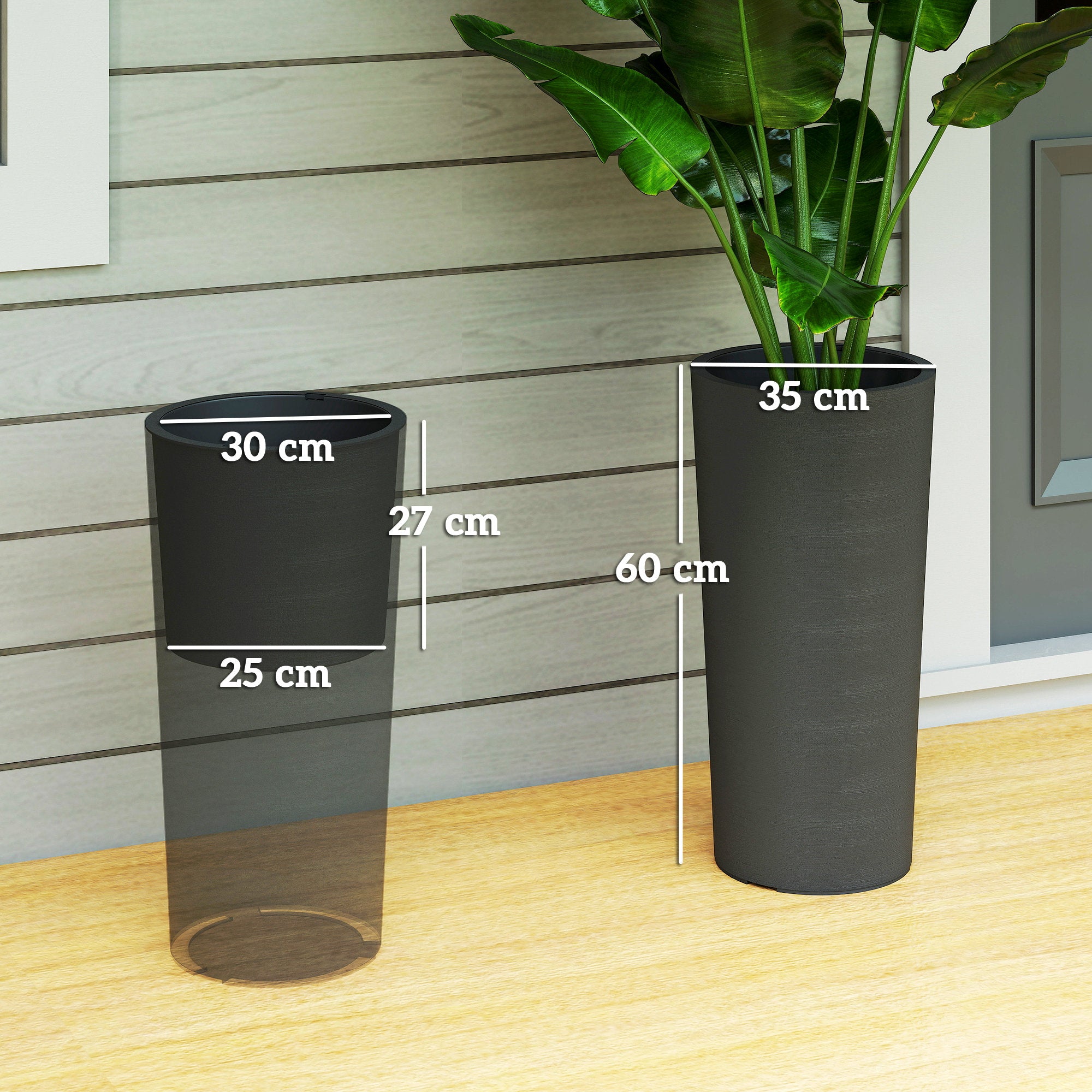 Set of 2 Stackable 23.6 in Tall Planters – Plastic Flower Pots with Inner Liner & Drainage, Dark Gray