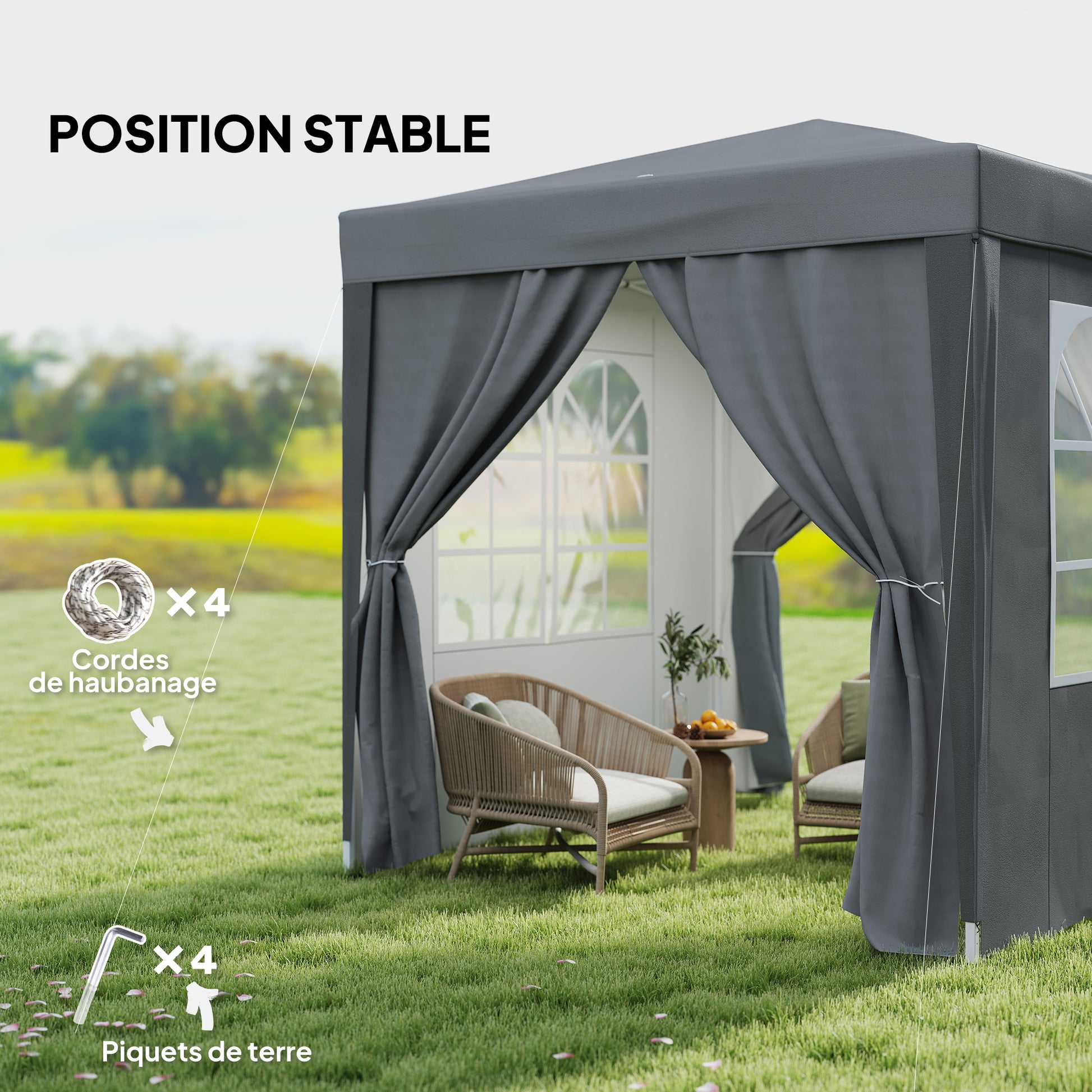 Outdoor Garden Gazebo 2 x 2 m, pop-up folding gazebo, height adjustable, UV protection, steel frame, 4 removable sides, for camping, festivals, beach, carrying bag, gray