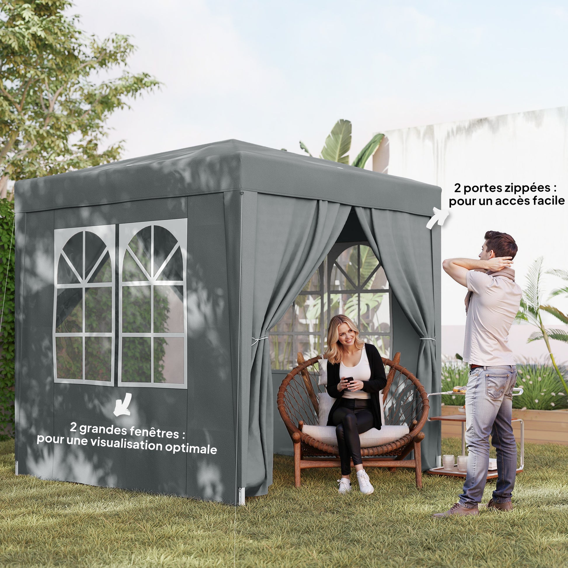 Outdoor Garden Gazebo 2 x 2 m, pop-up folding gazebo, height adjustable, UV protection, steel frame, 4 removable sides, for camping, festivals, beach, carrying bag, gray