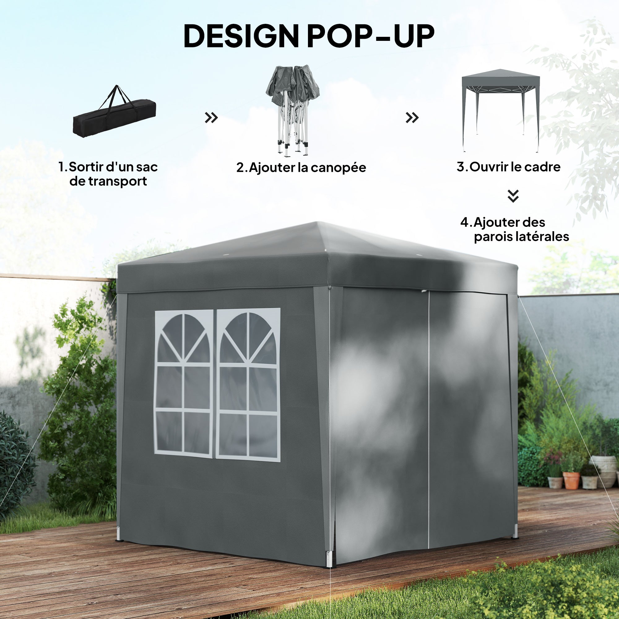Outdoor Garden Gazebo 2 x 2 m, pop-up folding gazebo, height adjustable, UV protection, steel frame, 4 removable sides, for camping, festivals, beach, carrying bag, gray