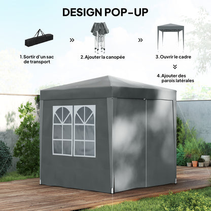 Outdoor Garden Gazebo 2 x 2 m, pop-up folding gazebo, height adjustable, UV protection, steel frame, 4 removable sides, for camping, festivals, beach, carrying bag, gray