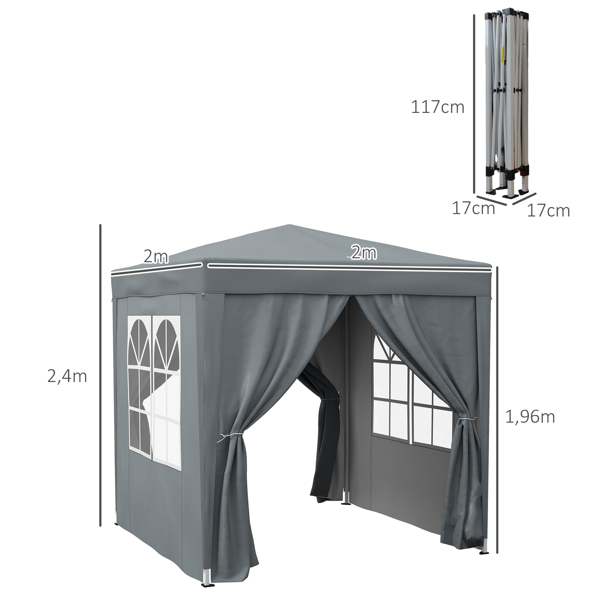 Outdoor Garden Gazebo 2 x 2 m, pop-up folding gazebo, height adjustable, UV protection, steel frame, 4 removable sides, for camping, festivals, beach, carrying bag, gray