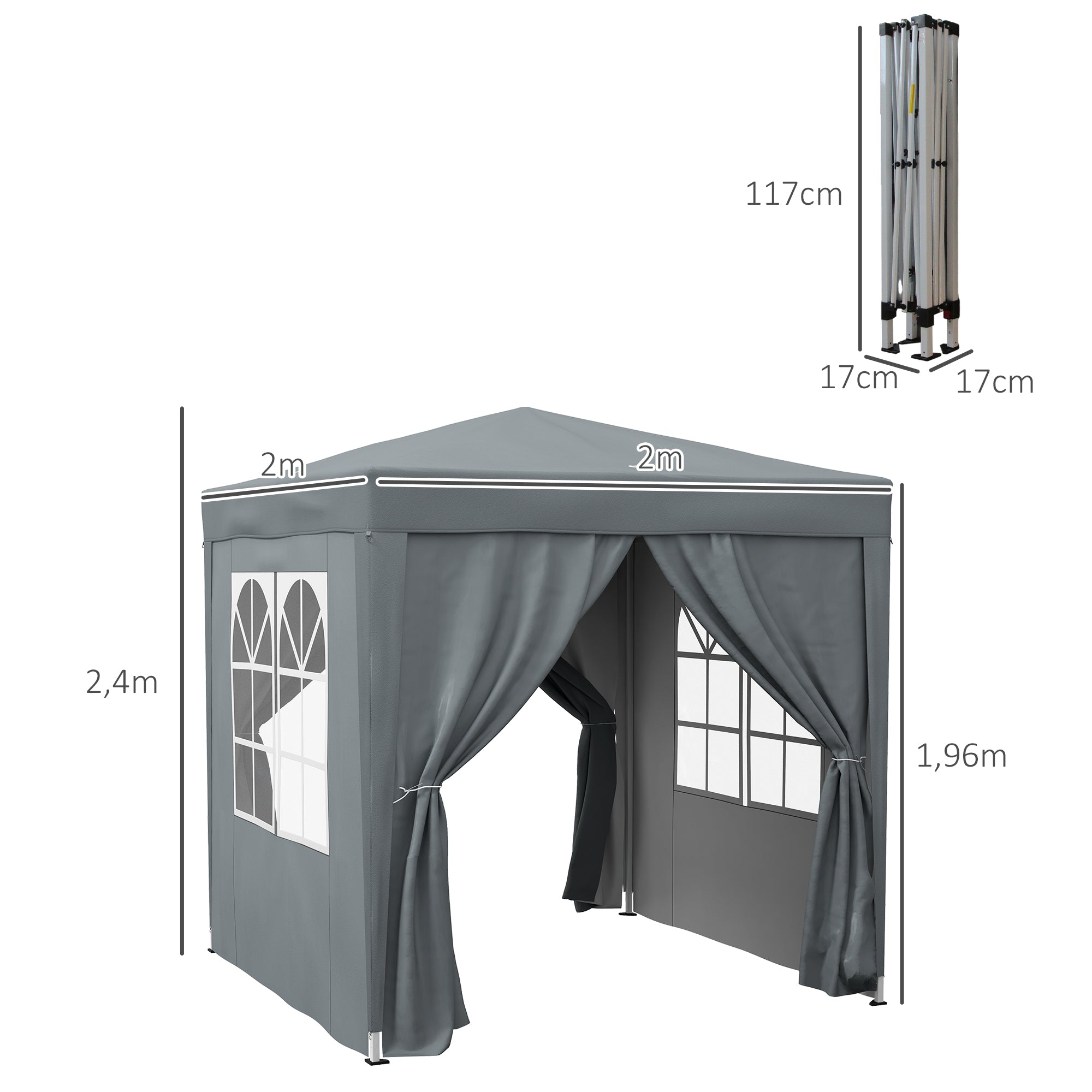 Outdoor Garden Gazebo 2 x 2 m, pop-up folding gazebo, height adjustable, UV protection, steel frame, 4 removable sides, for camping, festivals, beach, carrying bag, gray