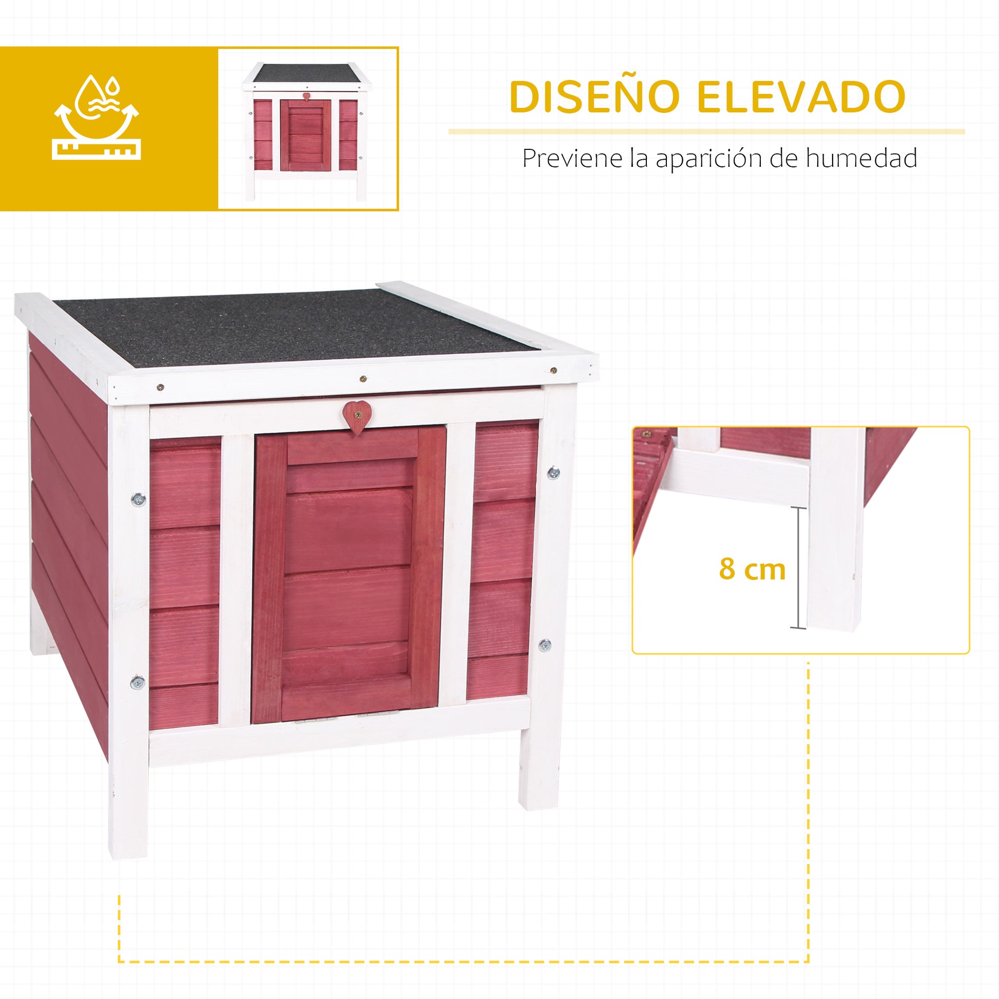 Wooden Rabbit Hutch Outdoor Cage Shelter for Small Pets with Flip-Flop Asphalt Roof and Non-Slip Ramp 42x51x43 cm Red
