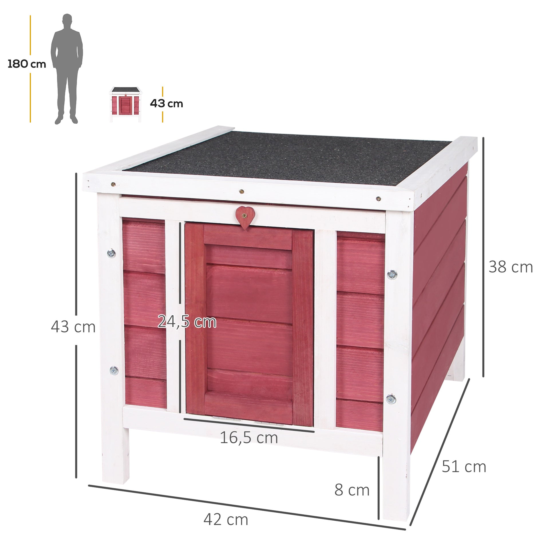 Wooden Rabbit Hutch Outdoor Cage Shelter for Small Pets with Flip-Flop Asphalt Roof and Non-Slip Ramp 42x51x43 cm Red