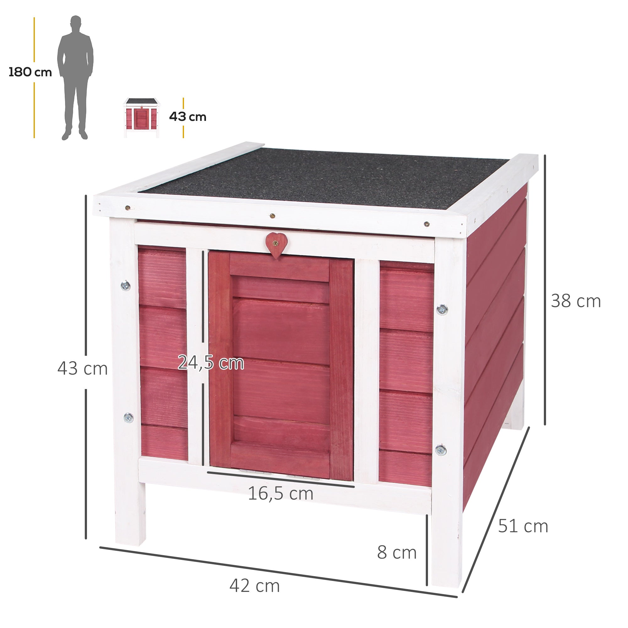 Wooden Rabbit Hutch Outdoor Cage Shelter for Small Pets with Flip-Flop Asphalt Roof and Non-Slip Ramp 42x51x43 cm Red