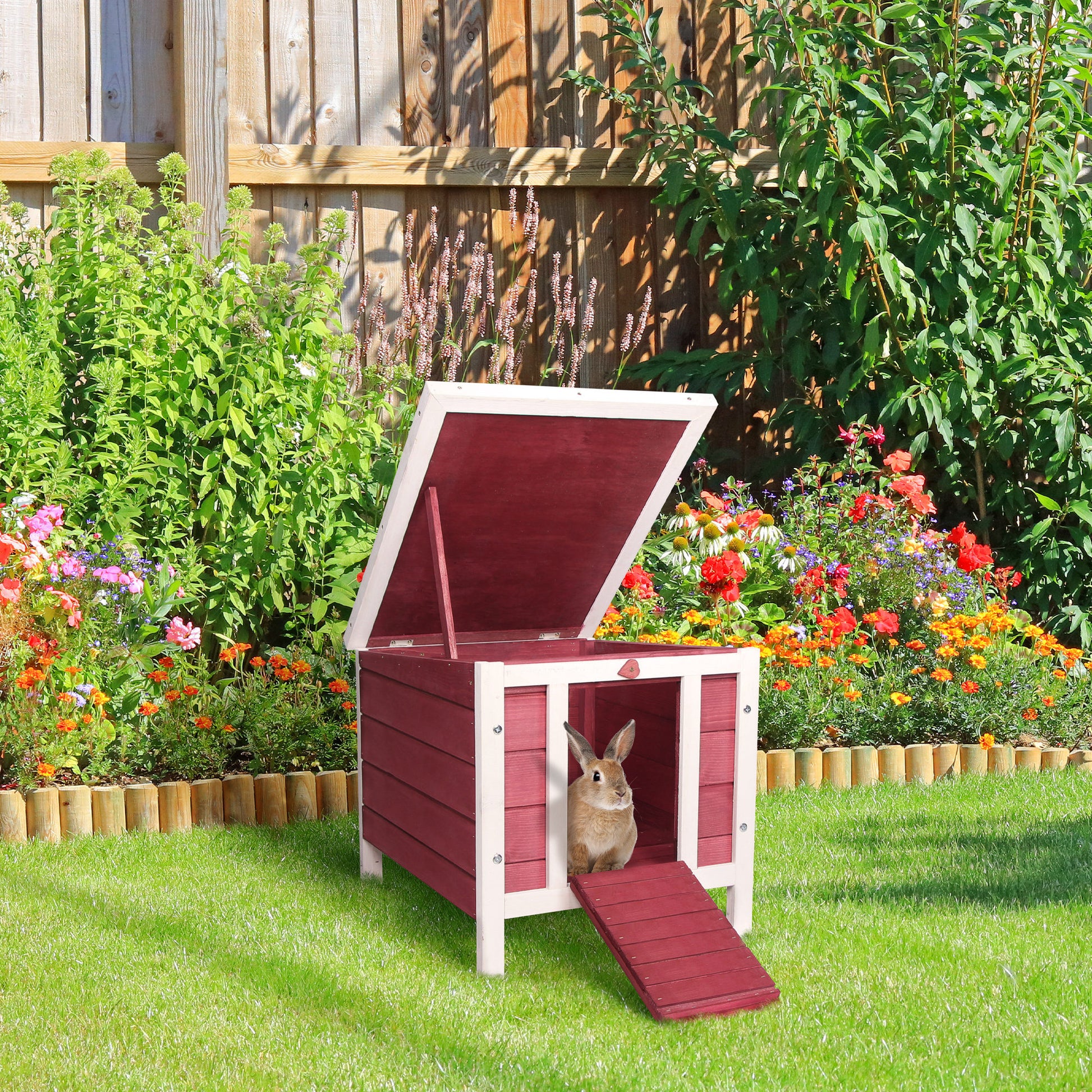 Wooden Rabbit Hutch Outdoor Cage Shelter for Small Pets with Flip-Flop Asphalt Roof and Non-Slip Ramp 42x51x43 cm Red