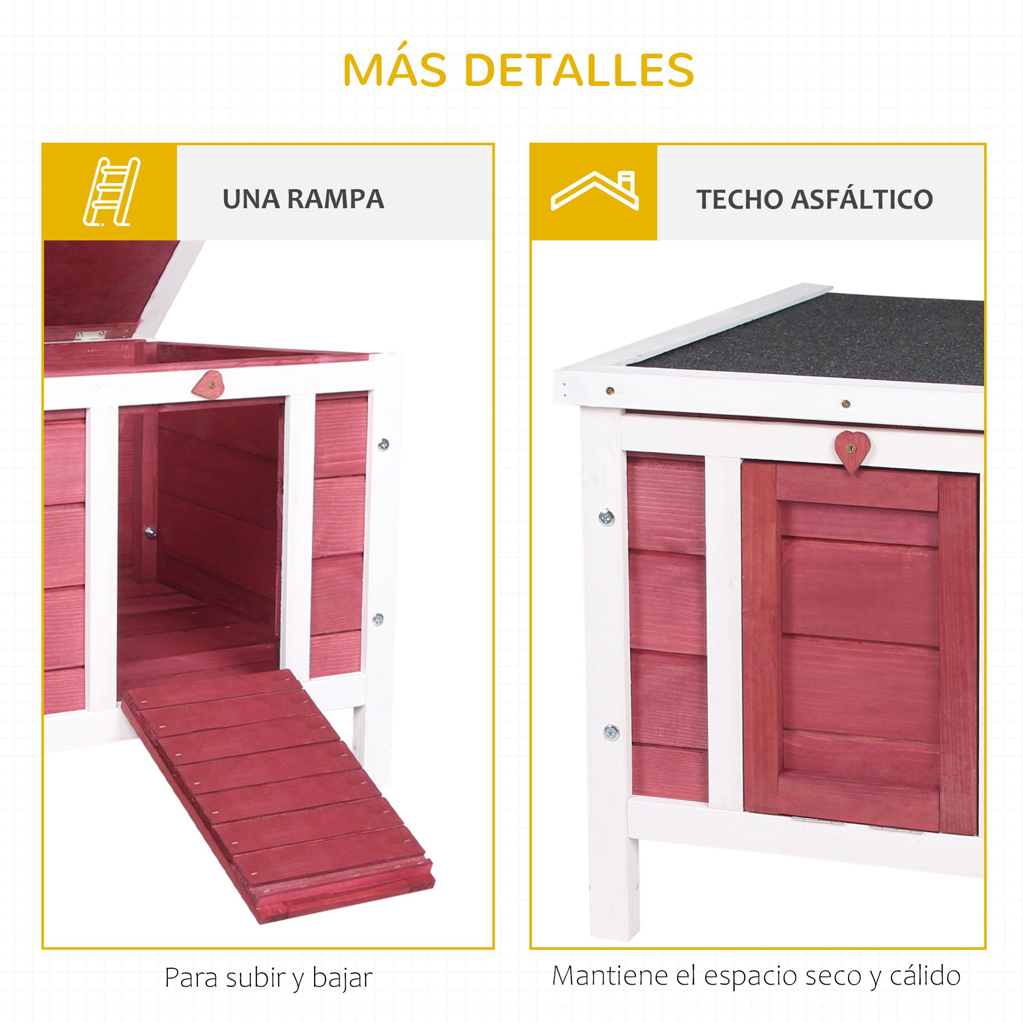 Wooden Rabbit Hutch Outdoor Cage Shelter for Small Pets with Flip-Flop Asphalt Roof and Non-Slip Ramp 42x51x43 cm Red