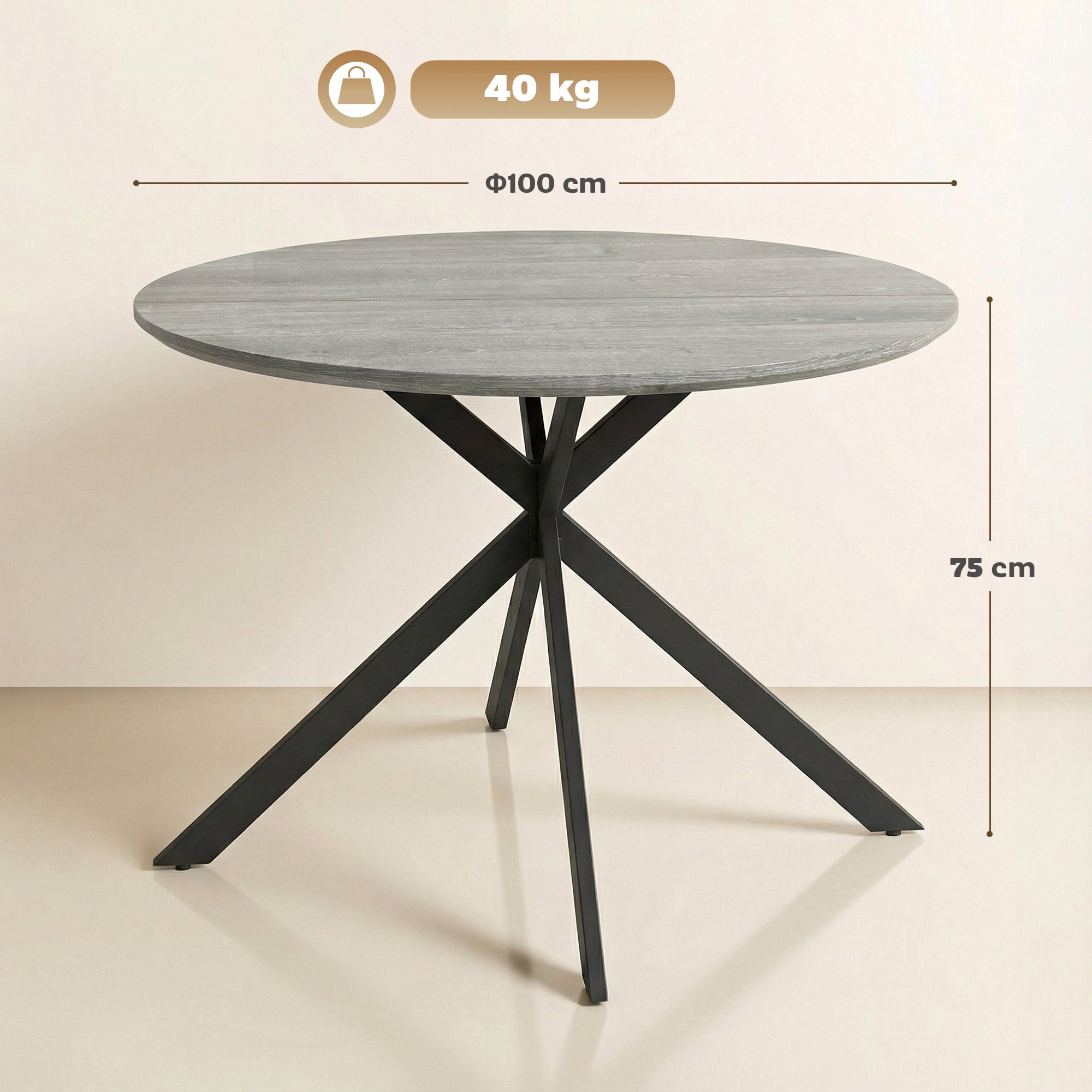 Round Dining Table for 4, 39.4" (100 cm) Industrial Style with Steel X-Legs, Gray