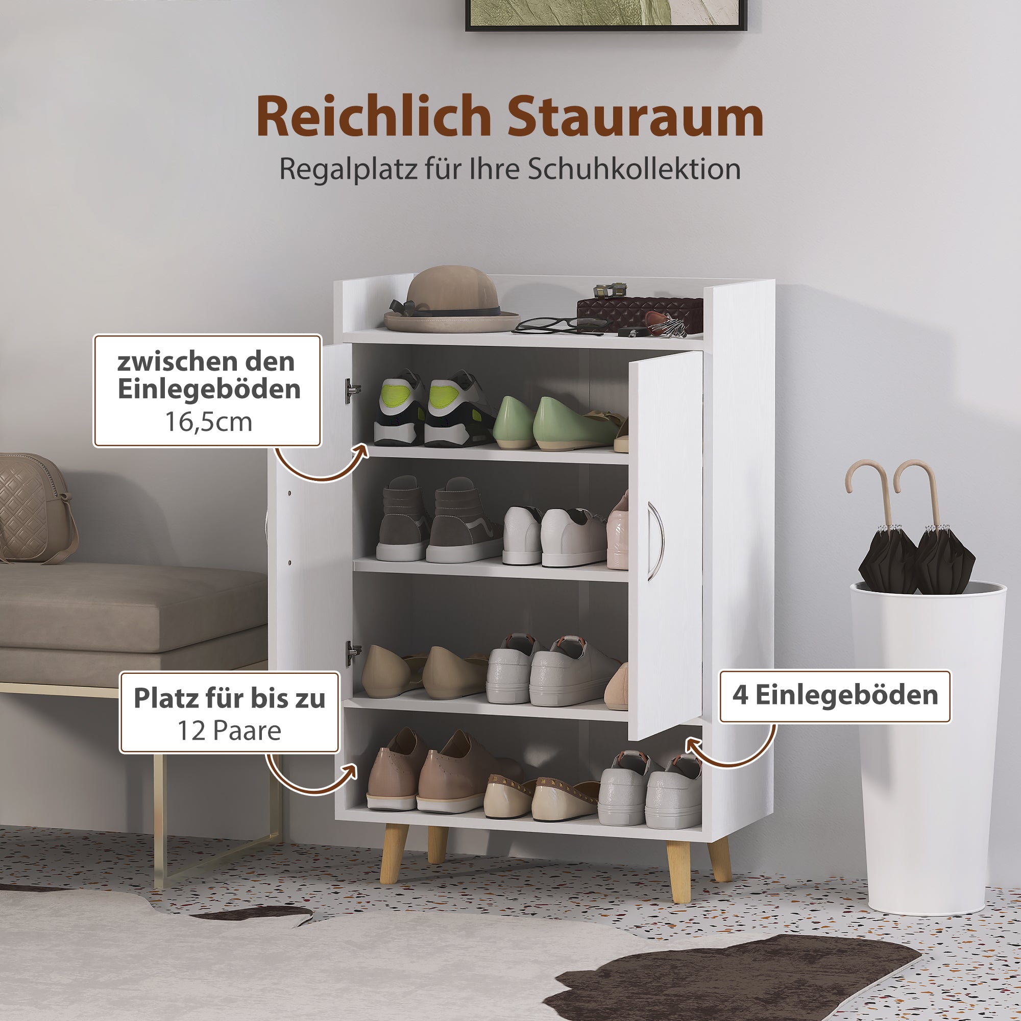 Shoe Cabinet Shoe Rack Slim with 4 Compartments Shoe Storage for 12 Pairs of Shoes, Entryway 60 x 30 x 92 cm, White