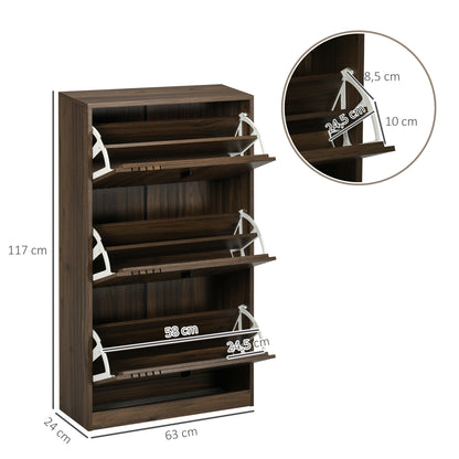 3-Flap Shoe Cabinet, 18 Pairs, Shoe Cabinet 3 Compartments, Large Capacity for Entryway, Hallway, Living Room, 63 x 24 x 117 cm, Dark Walnut