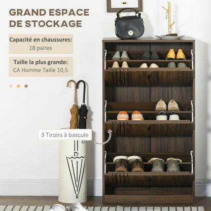 3-Flap Shoe Cabinet, 18 Pairs, Shoe Cabinet 3 Compartments, Large Capacity for Entryway, Hallway, Living Room, 63 x 24 x 117 cm, Dark Walnut