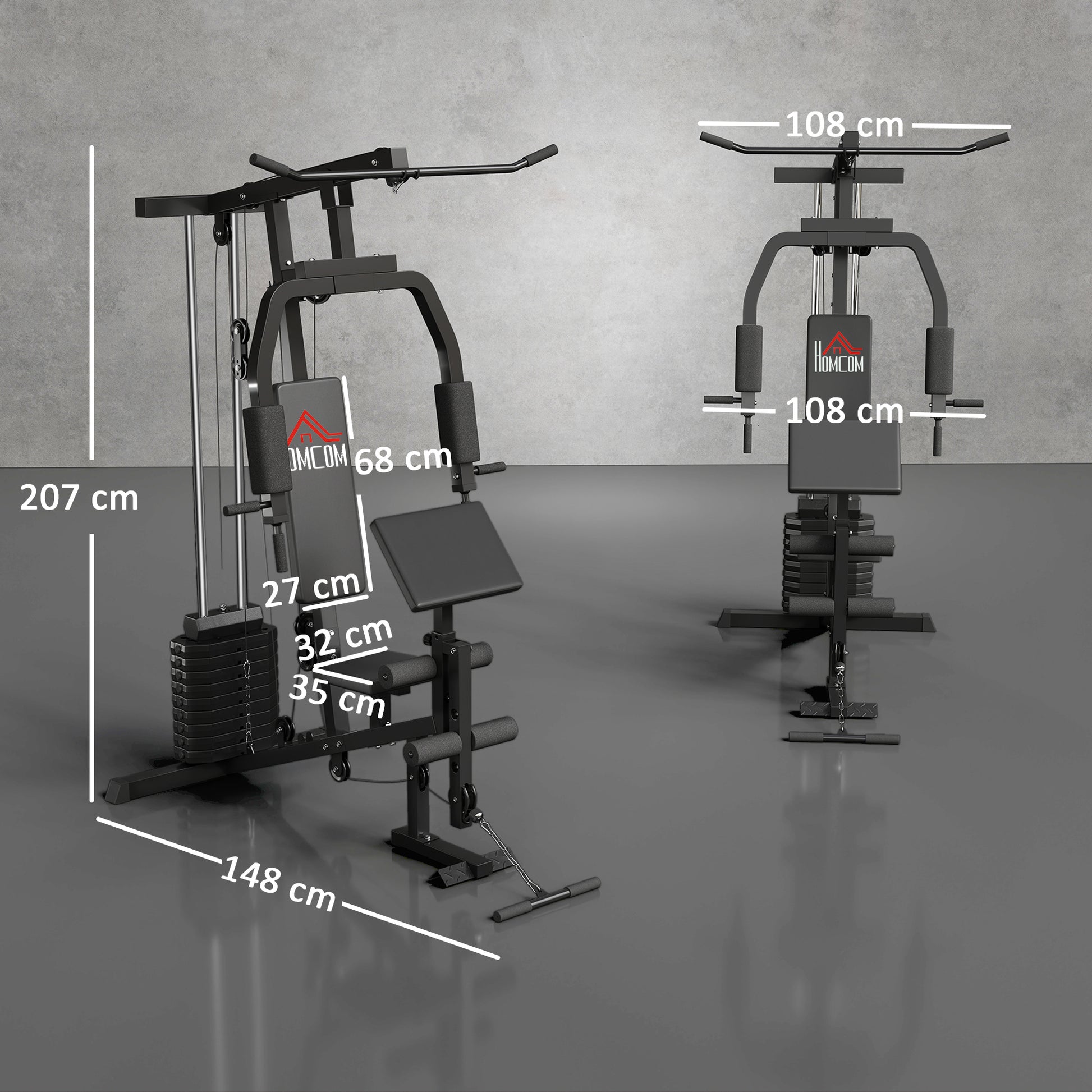 Home Gym Strength Training Station with Lat Pulldown, Cable Row, Short Biceps Bar, Chest Press, Leg Trainer, Butterfly Machine 45kg Weights Multifunction Fitness Station Black