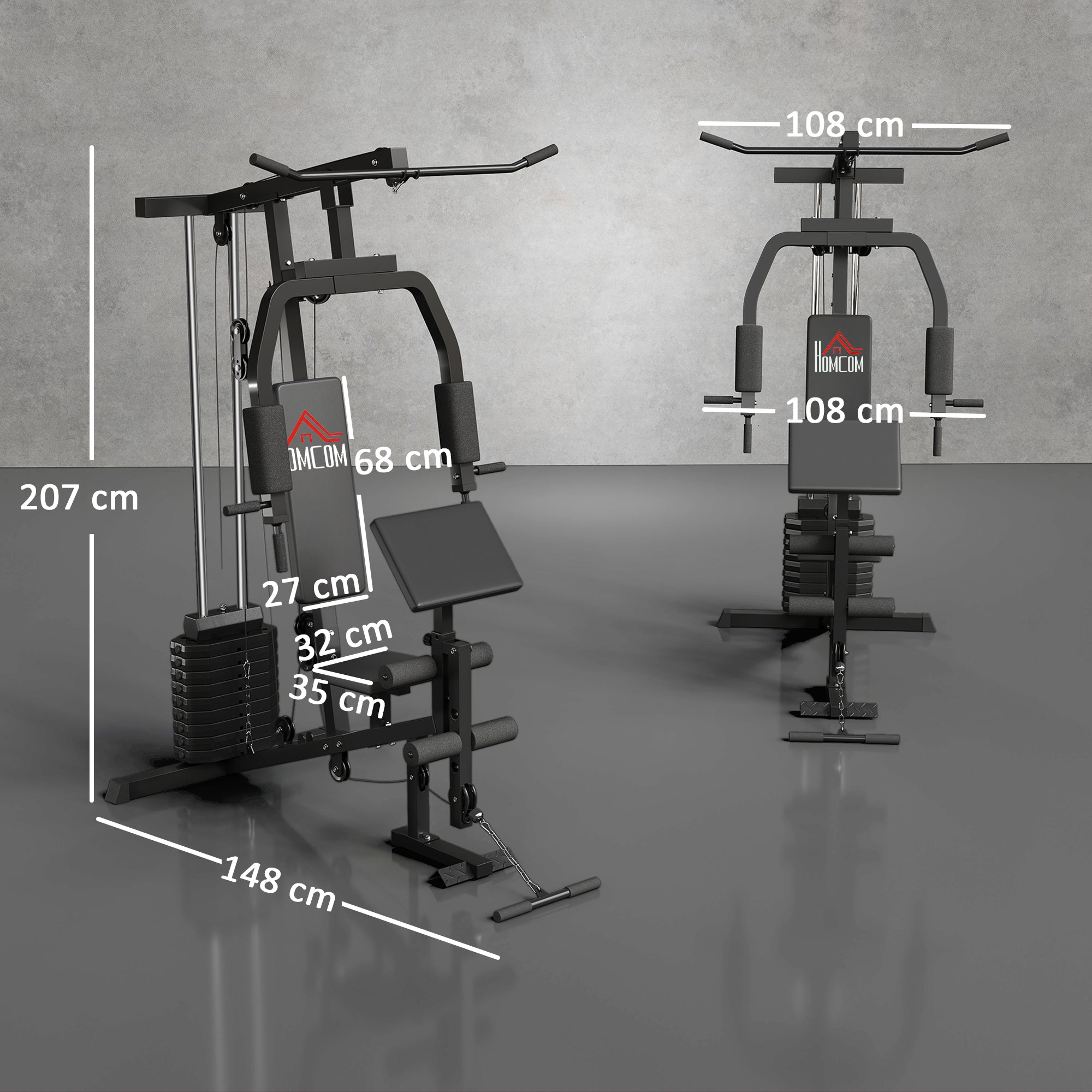 Home Gym Strength Training Station with Lat Pulldown, Cable Row, Short Biceps Bar, Chest Press, Leg Trainer, Butterfly Machine 45kg Weights Multifunction Fitness Station Black
