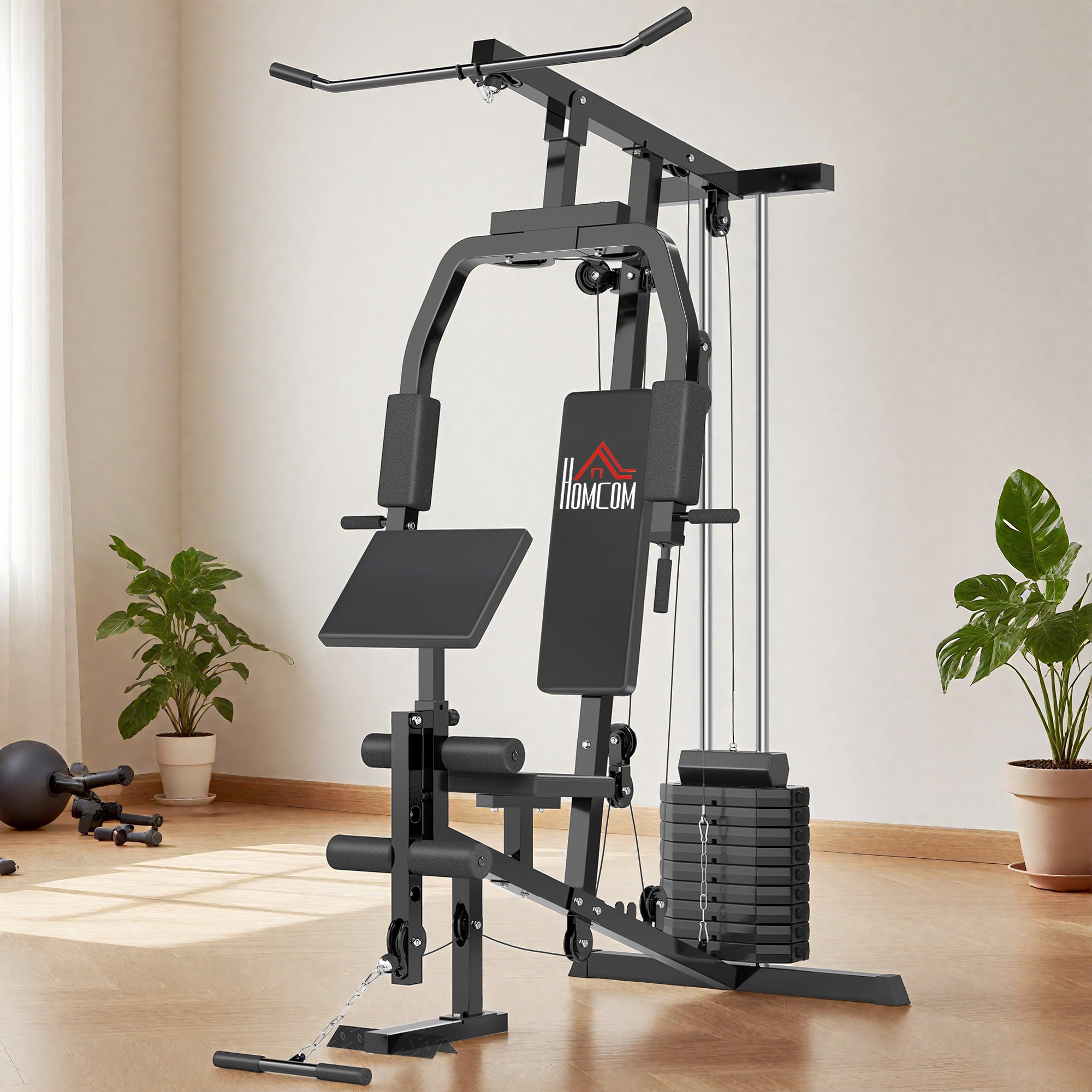 Home Gym Strength Training Station with Lat Pulldown, Cable Row, Short Biceps Bar, Chest Press, Leg Trainer, Butterfly Machine 45kg Weights Multifunction Fitness Station Black