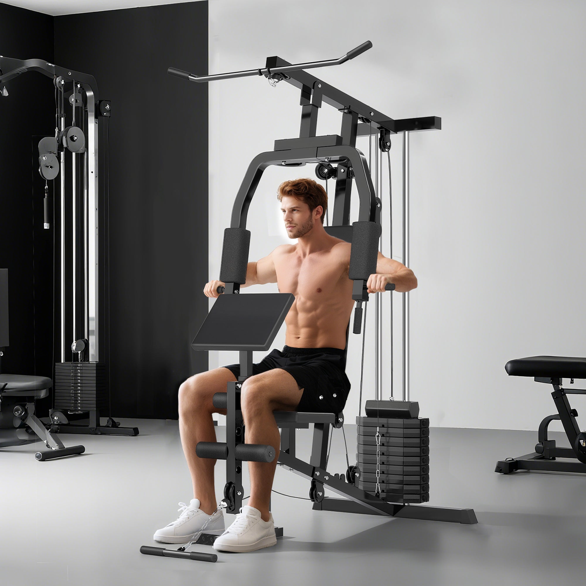 Home Gym Strength Training Station with Lat Pulldown, Cable Row, Short Biceps Bar, Chest Press, Leg Trainer, Butterfly Machine 45kg Weights Multifunction Fitness Station Black