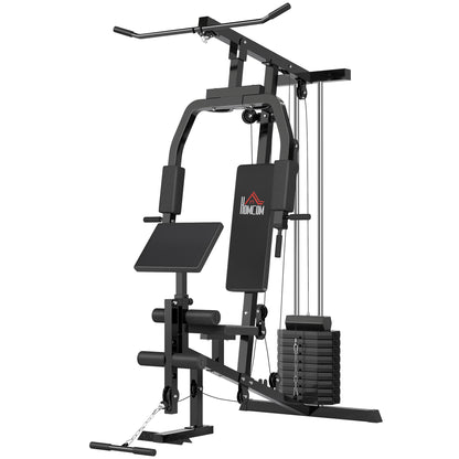Home Gym Strength Training Station with Lat Pulldown, Cable Row, Short Biceps Bar, Chest Press, Leg Trainer, Butterfly Machine 45kg Weights Multifunction Fitness Station Black